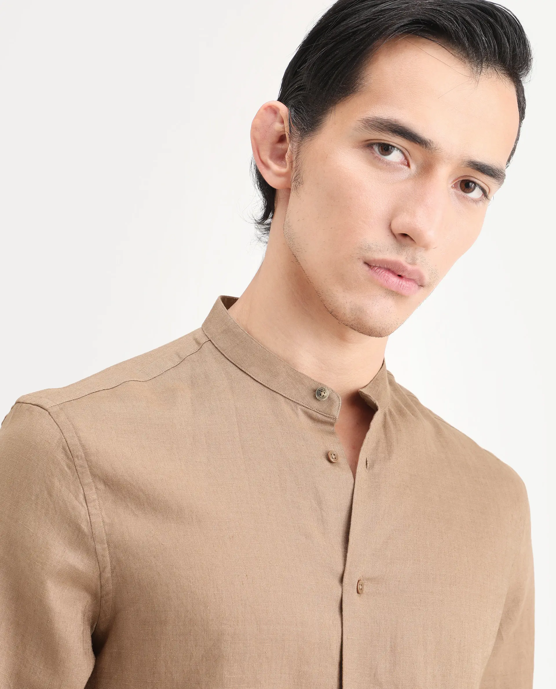 Rare Rabbit Men's Cinex 26 Light Brown Linen Blend Fabric Full Sleeve Regular Fit Plain Shirt - Image 8