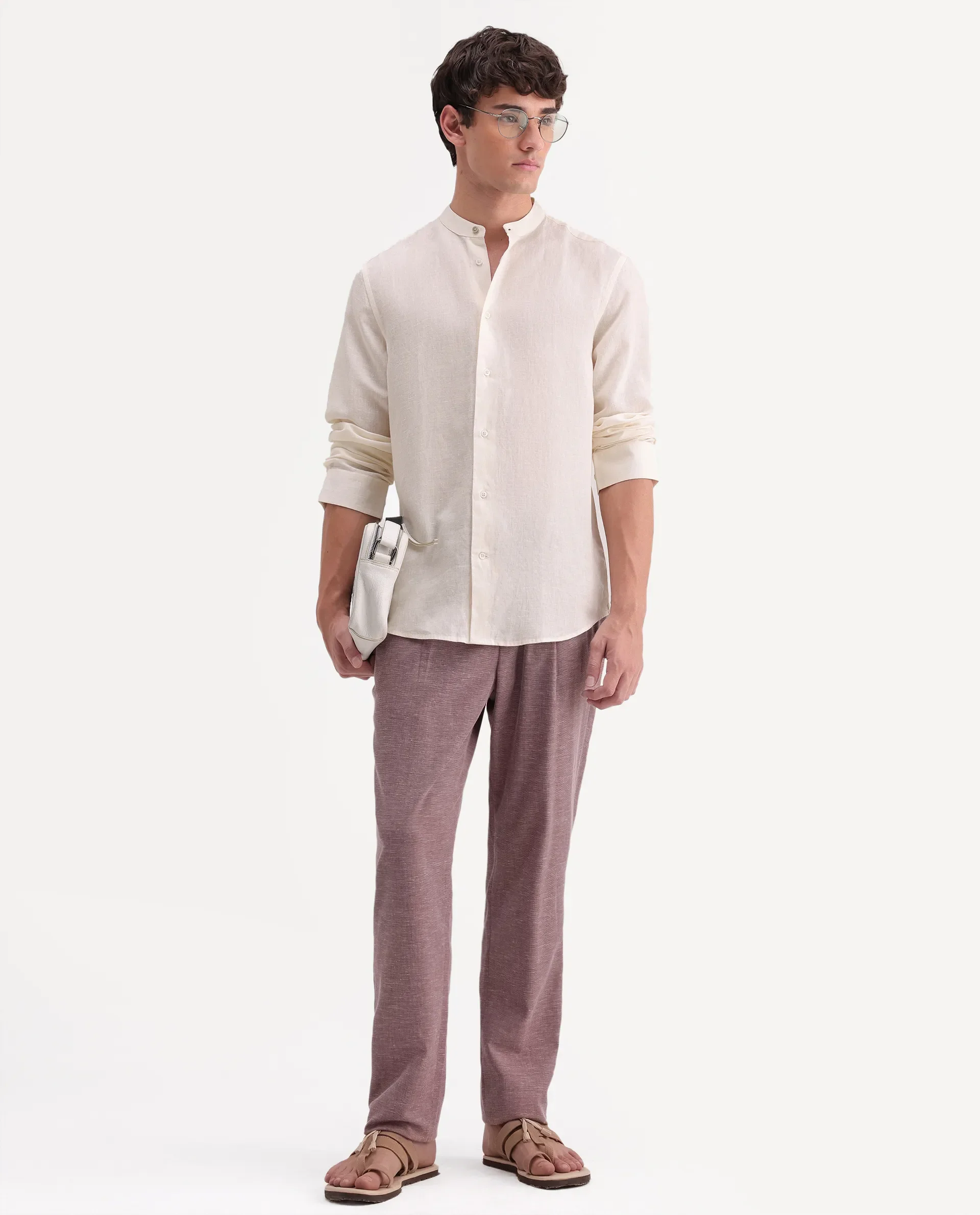 Rare Rabbit Men's Cinex-Aw26 Off White Linen Mandarin Collar Regular Fit Plain Shirt - Image 2