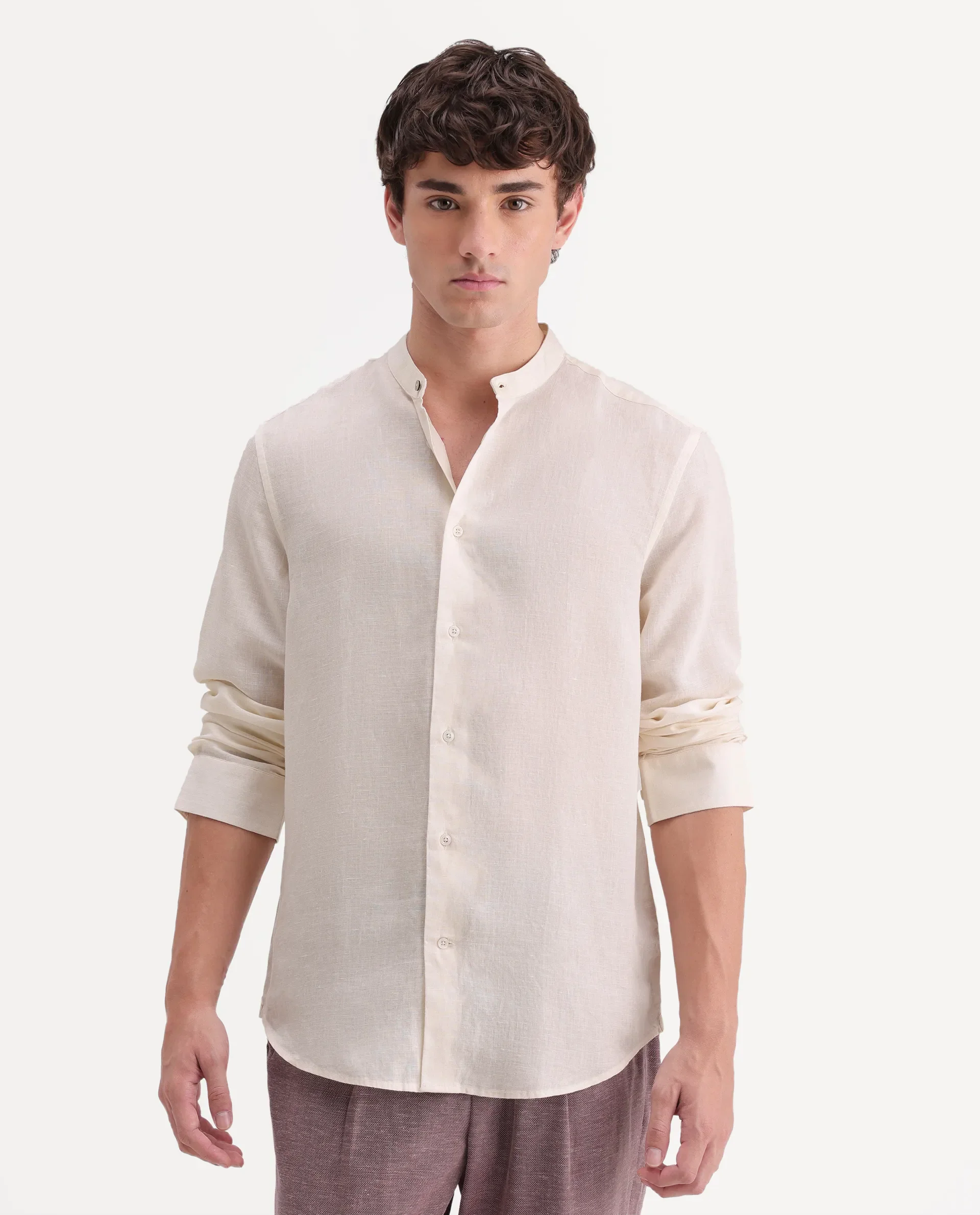 Rare Rabbit Men's Cinex-Aw26 Off White Linen Mandarin Collar Regular Fit Plain Shirt - Image 4