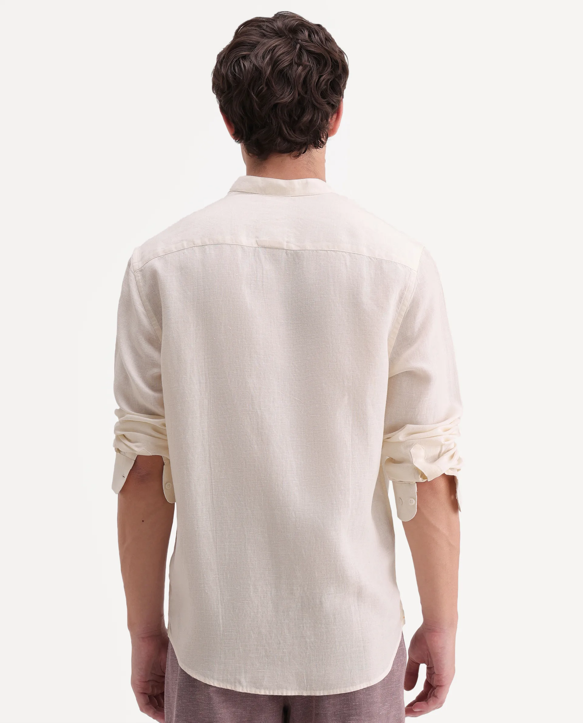 Rare Rabbit Men's Cinex-Aw26 Off White Linen Mandarin Collar Regular Fit Plain Shirt - Image 7