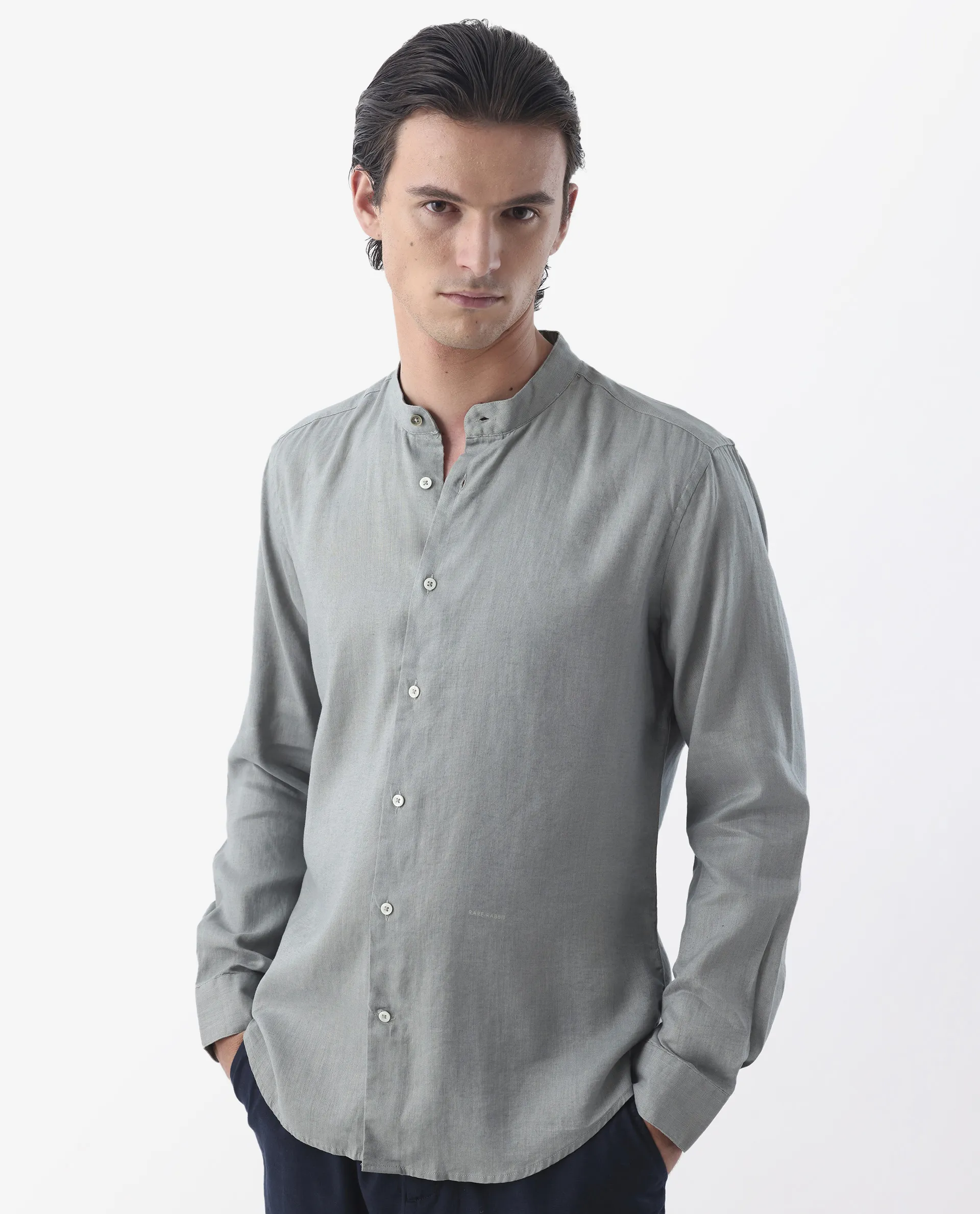Rare Rabbit Men's Cinex Dusky Green Linen Blend Plain Regular Fit Full Sleeve Mandarin Collar Shirt