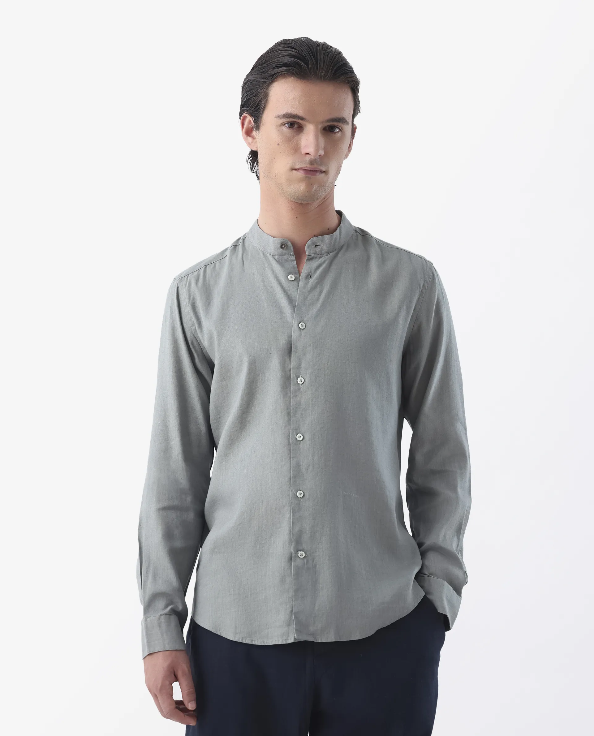 Rare Rabbit Men's Cinex Dusky Green Linen Blend Plain Regular Fit Full Sleeve Mandarin Collar Shirt - Image 2