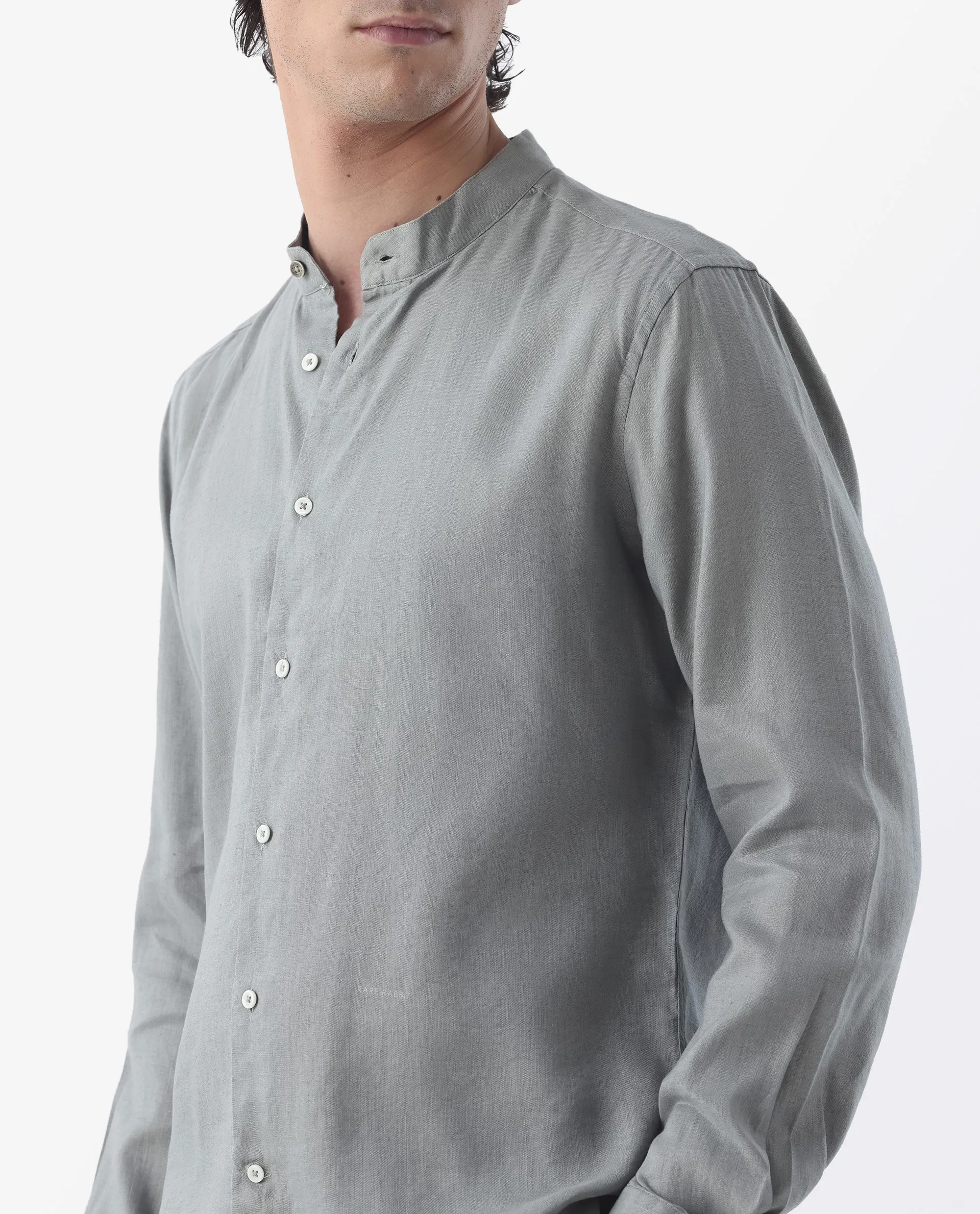 Rare Rabbit Men's Cinex Dusky Green Linen Blend Plain Regular Fit Full Sleeve Mandarin Collar Shirt - Image 3