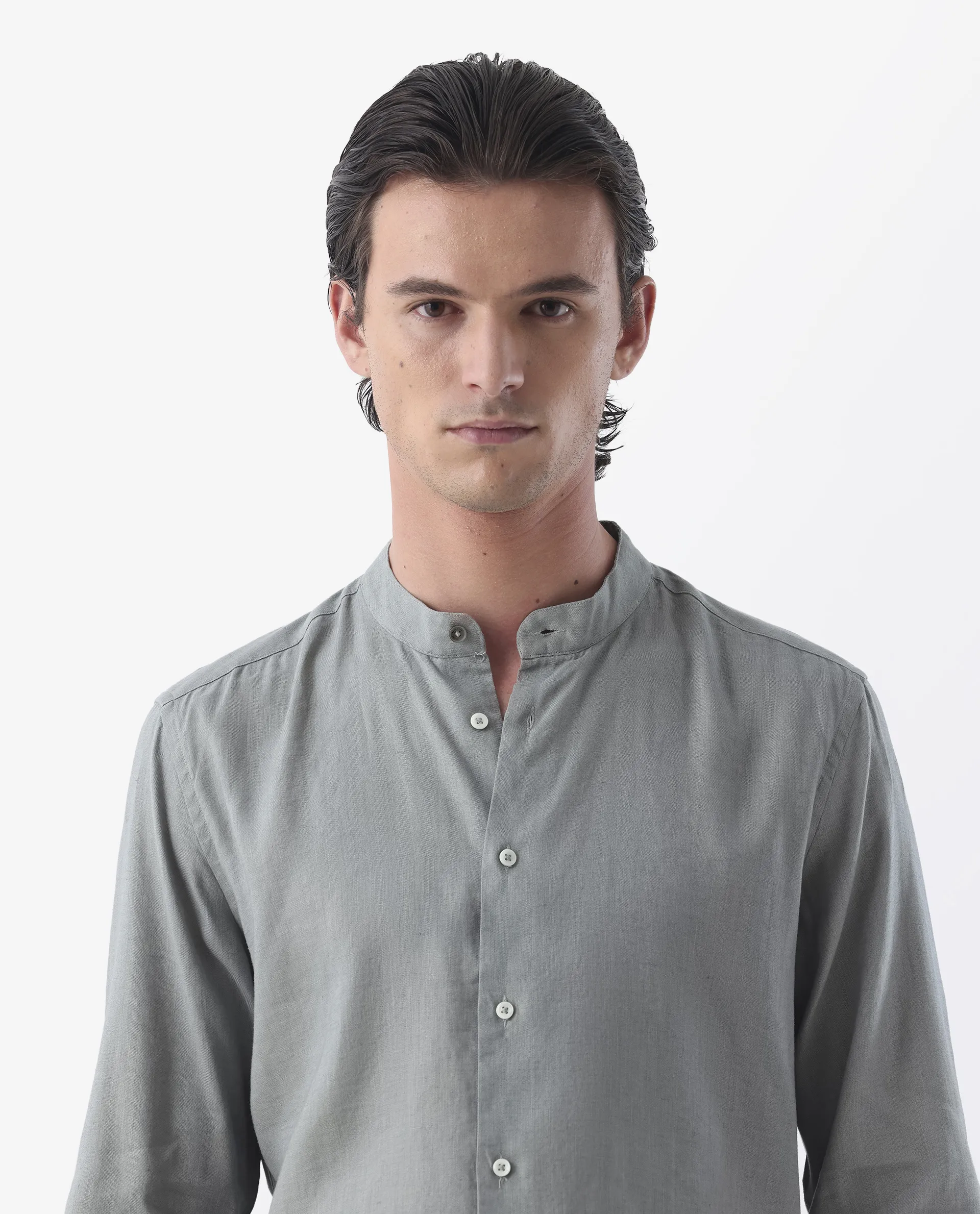 Rare Rabbit Men's Cinex Dusky Green Linen Blend Plain Regular Fit Full Sleeve Mandarin Collar Shirt - Image 4