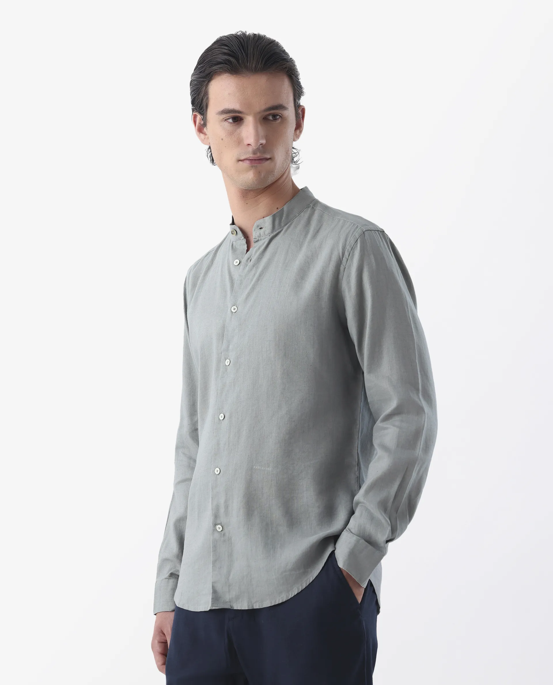 Rare Rabbit Men's Cinex Dusky Green Linen Blend Plain Regular Fit Full Sleeve Mandarin Collar Shirt - Image 5