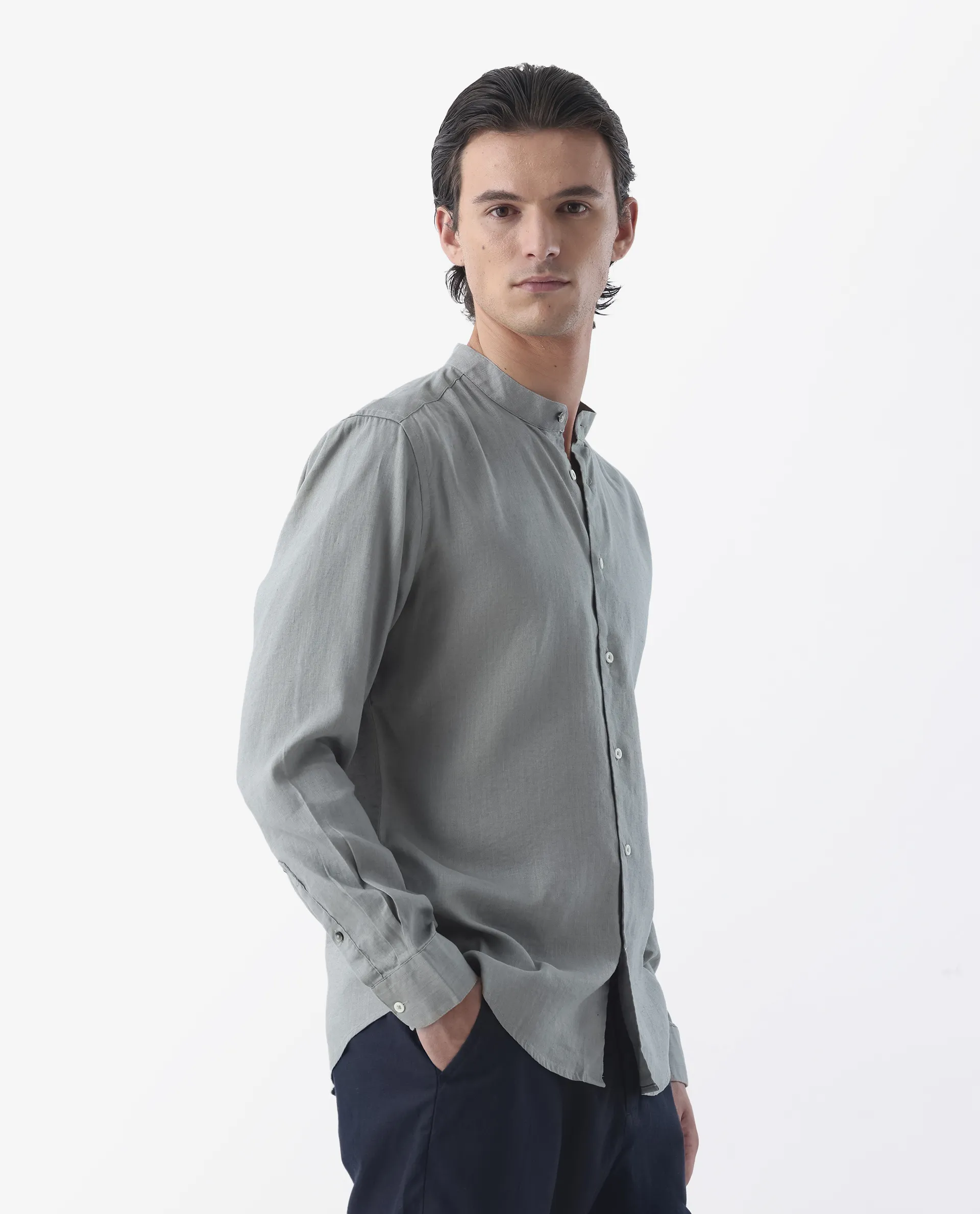 Rare Rabbit Men's Cinex Dusky Green Linen Blend Plain Regular Fit Full Sleeve Mandarin Collar Shirt - Image 6