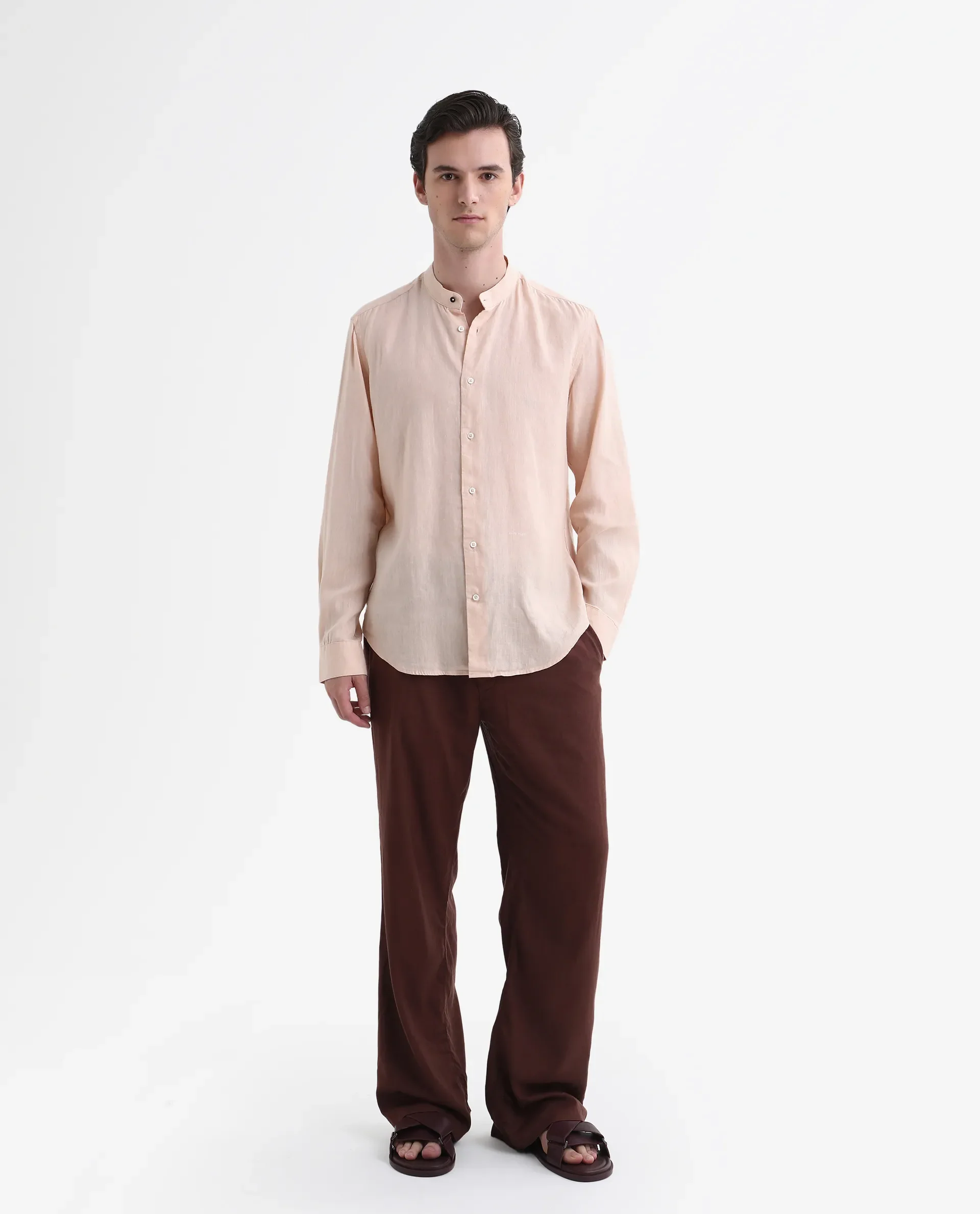 Rare Rabbit Men's Cinex Pastel Peach Linen Blend Plain Regular Fit Full Sleeve Mandarin Collar Shirt - Image 2