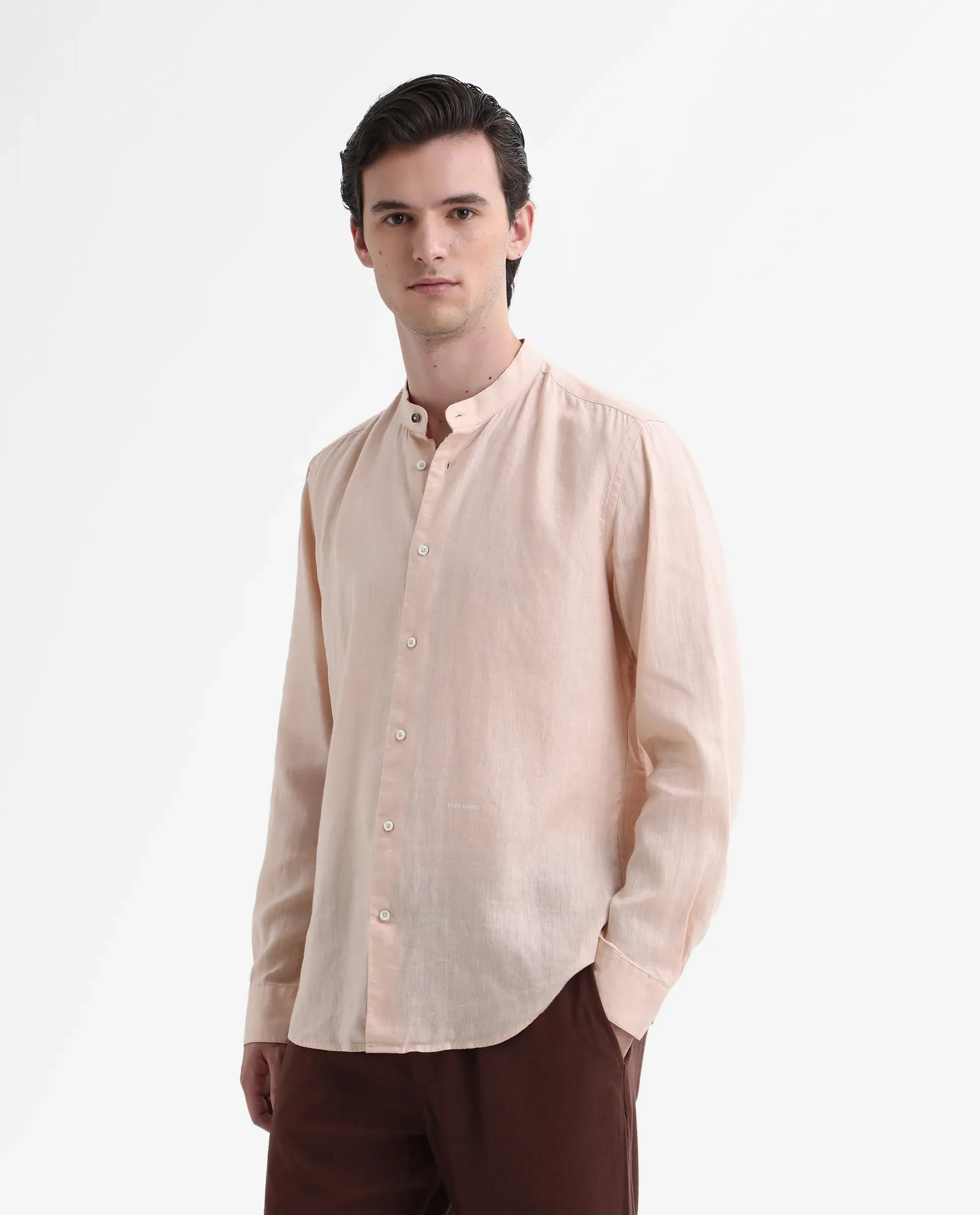 Rare Rabbit Men's Cinex Pastel Peach Linen Blend Plain Regular Fit Full Sleeve Mandarin Collar Shirt - Image 3