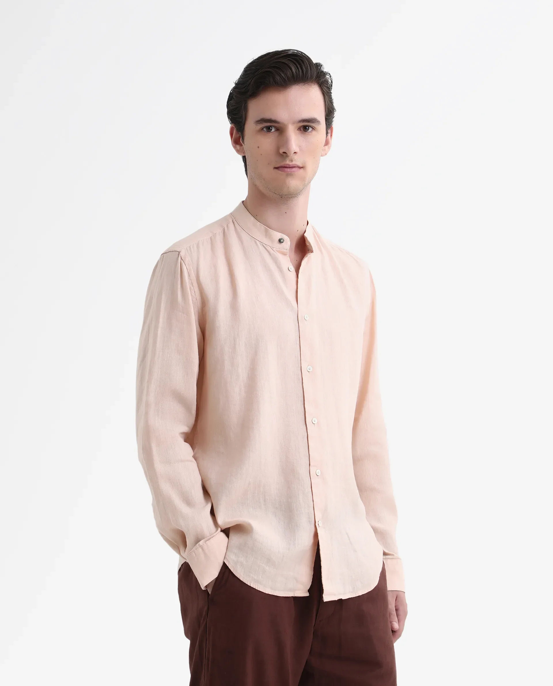 Rare Rabbit Men's Cinex Pastel Peach Linen Blend Plain Regular Fit Full Sleeve Mandarin Collar Shirt - Image 4