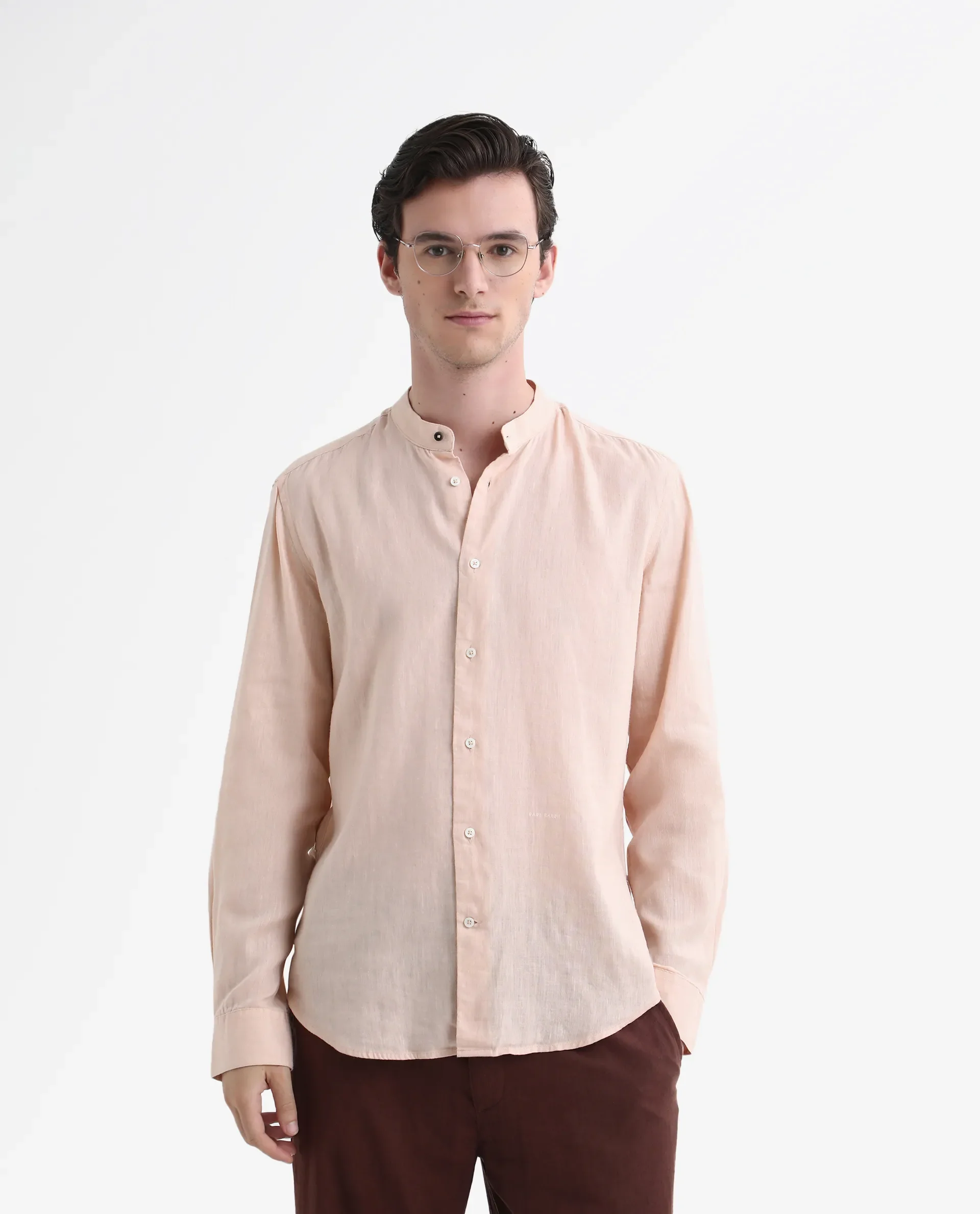 Rare Rabbit Men's Cinex Pastel Peach Linen Blend Plain Regular Fit Full Sleeve Mandarin Collar Shirt - Image 5