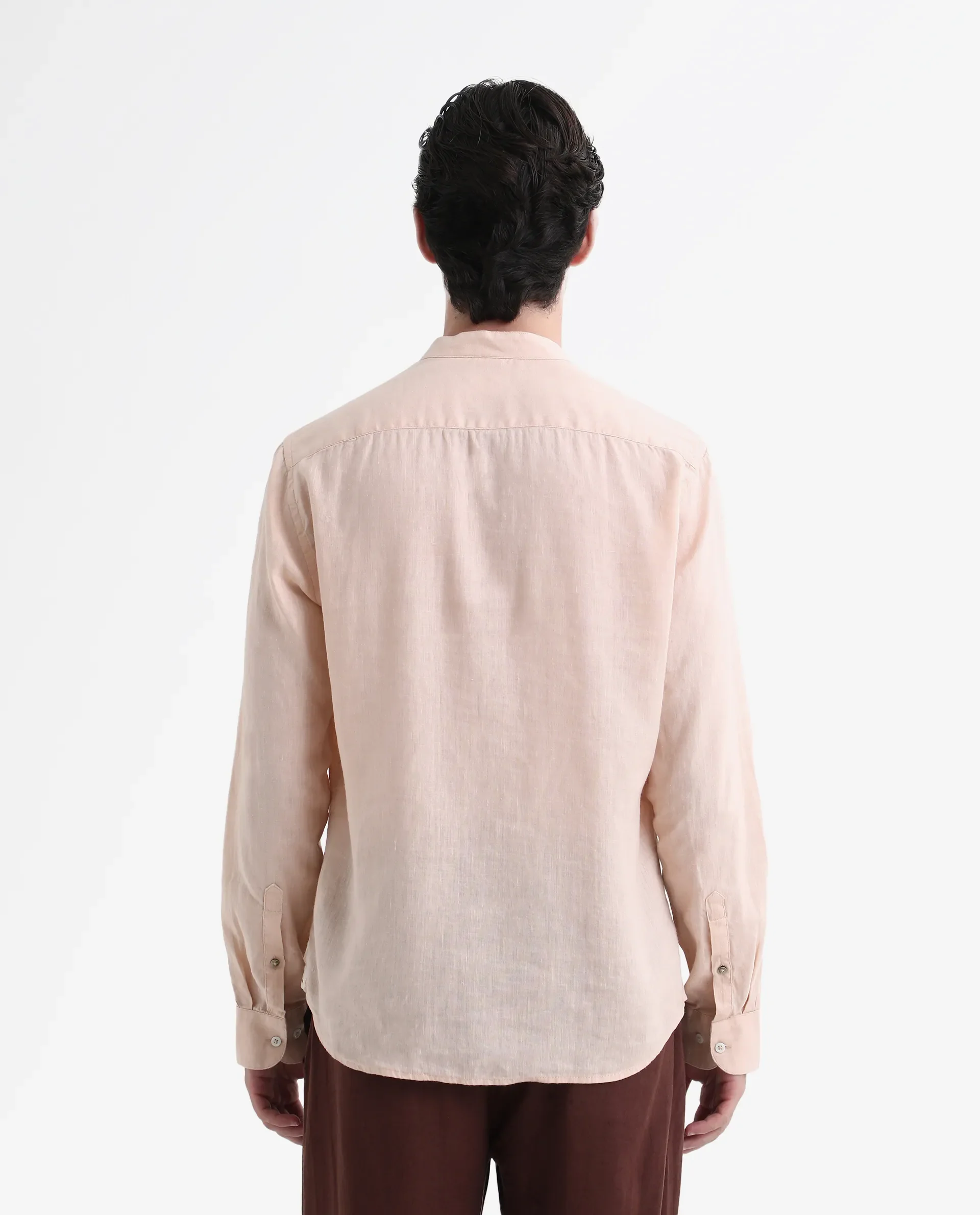 Rare Rabbit Men's Cinex Pastel Peach Linen Blend Plain Regular Fit Full Sleeve Mandarin Collar Shirt - Image 6