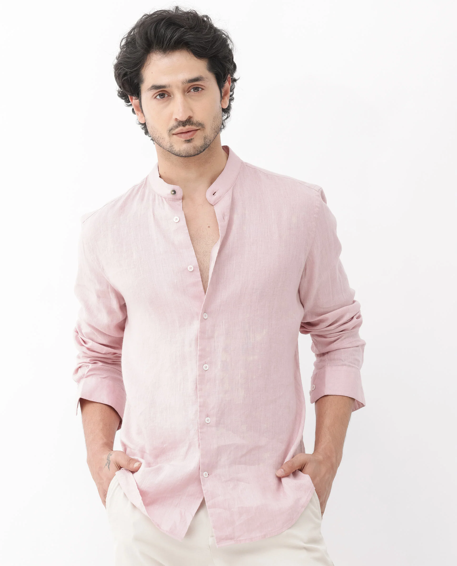 Rare Rabbit Men's Cinex Pastel Pink Linen Blend Plain Regular Fit Full Sleeve Mandarin Collar Shirt