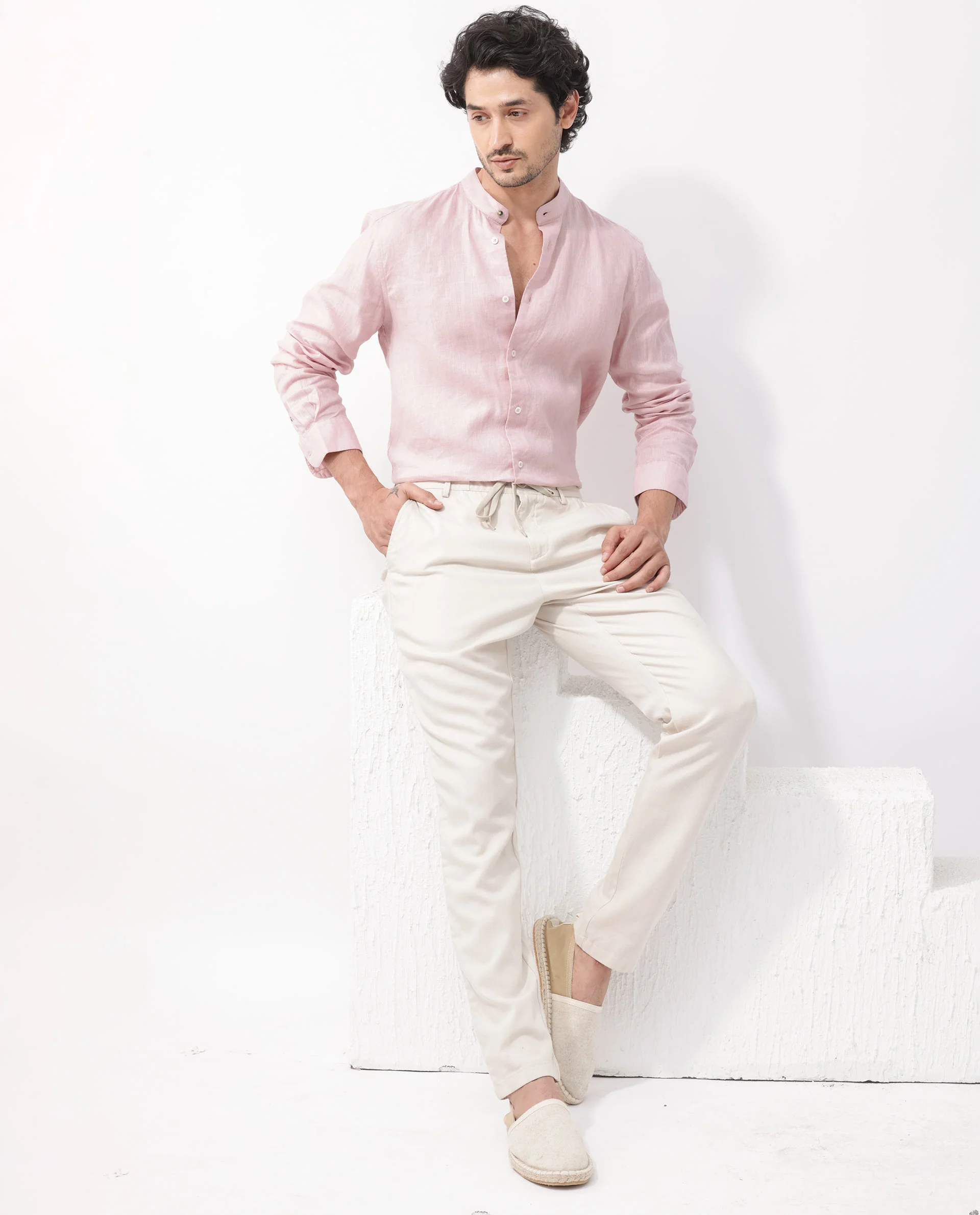 Rare Rabbit Men's Cinex Pastel Pink Linen Blend Plain Regular Fit Full Sleeve Mandarin Collar Shirt - Image 2