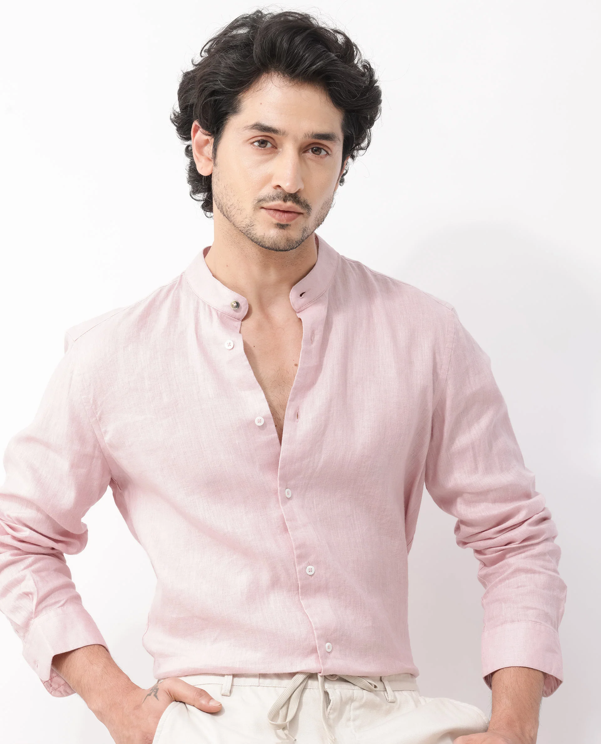 Rare Rabbit Men's Cinex Pastel Pink Linen Blend Plain Regular Fit Full Sleeve Mandarin Collar Shirt - Image 3