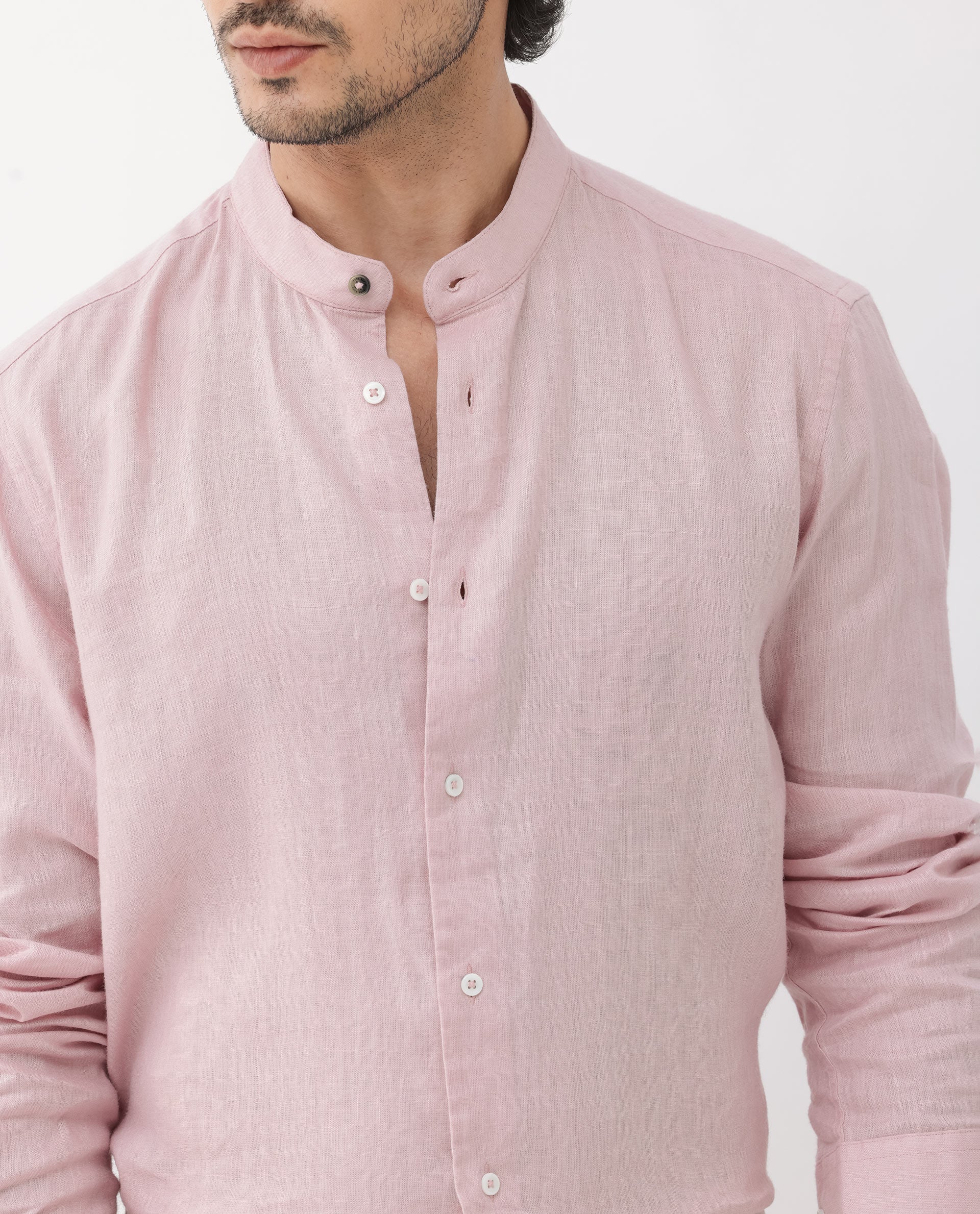 Rare Rabbit Men's Cinex Pastel Pink Linen Blend Plain Regular Fit Full Sleeve Mandarin Collar Shirt - Image 4