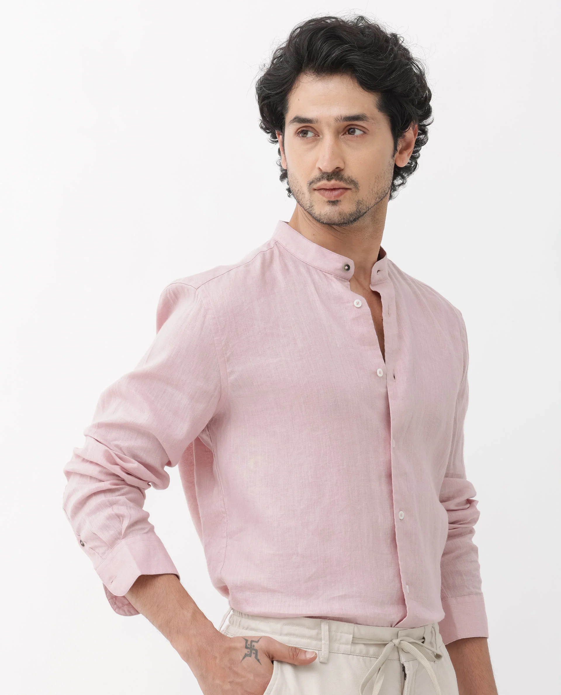 Rare Rabbit Men's Cinex Pastel Pink Linen Blend Plain Regular Fit Full Sleeve Mandarin Collar Shirt - Image 6
