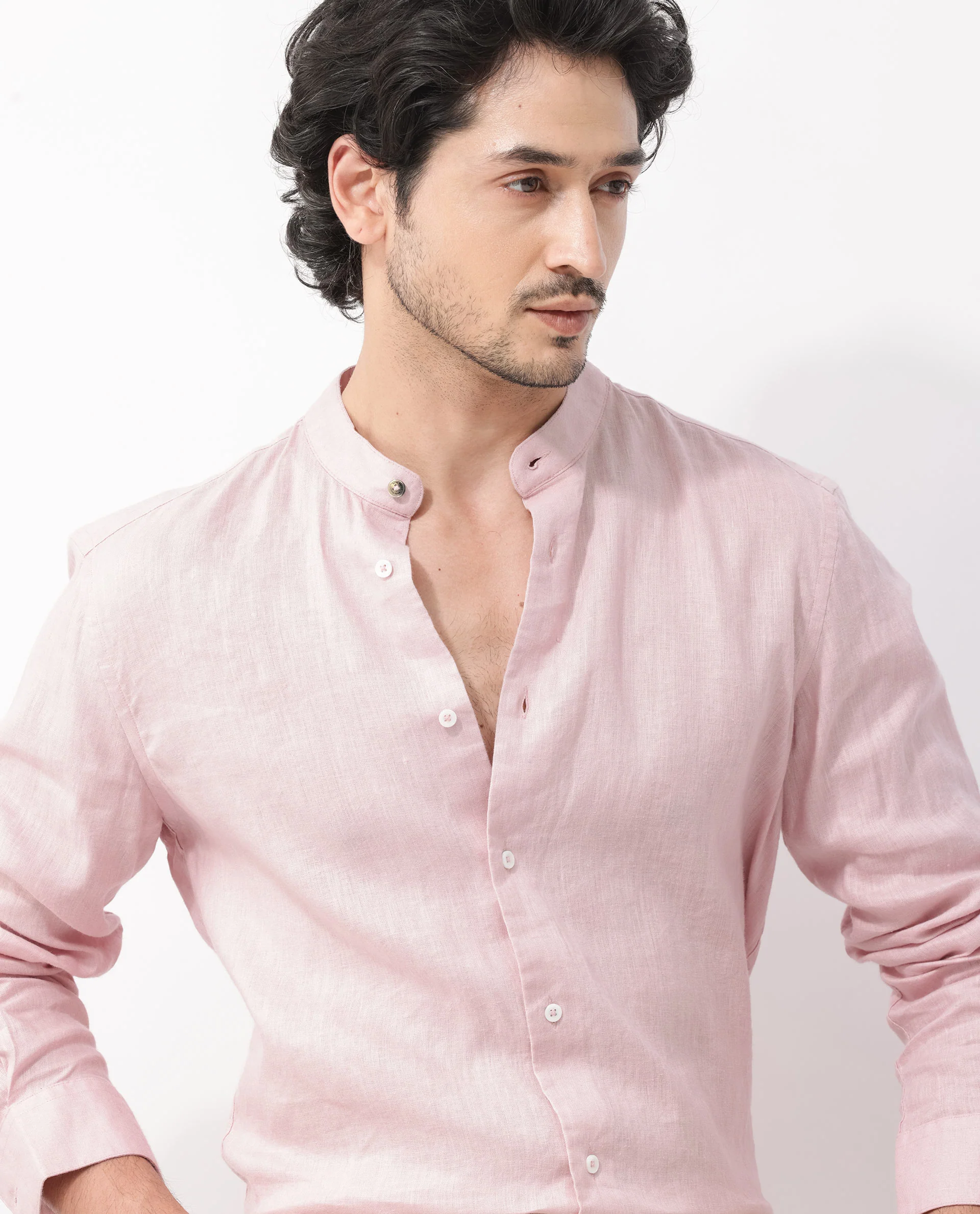Rare Rabbit Men's Cinex Pastel Pink Linen Blend Plain Regular Fit Full Sleeve Mandarin Collar Shirt - Image 7