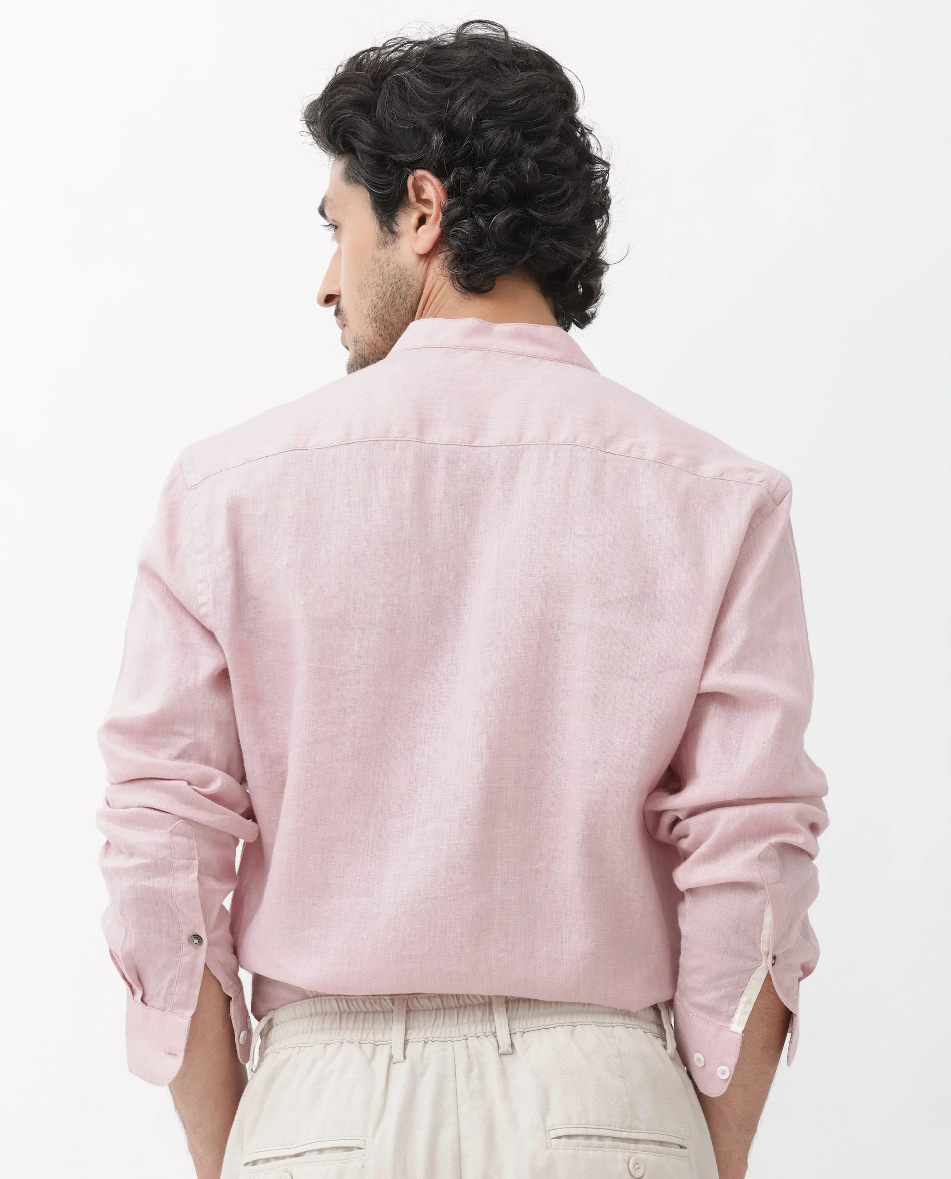 Rare Rabbit Men's Cinex Pastel Pink Linen Blend Plain Regular Fit Full Sleeve Mandarin Collar Shirt - Image 8