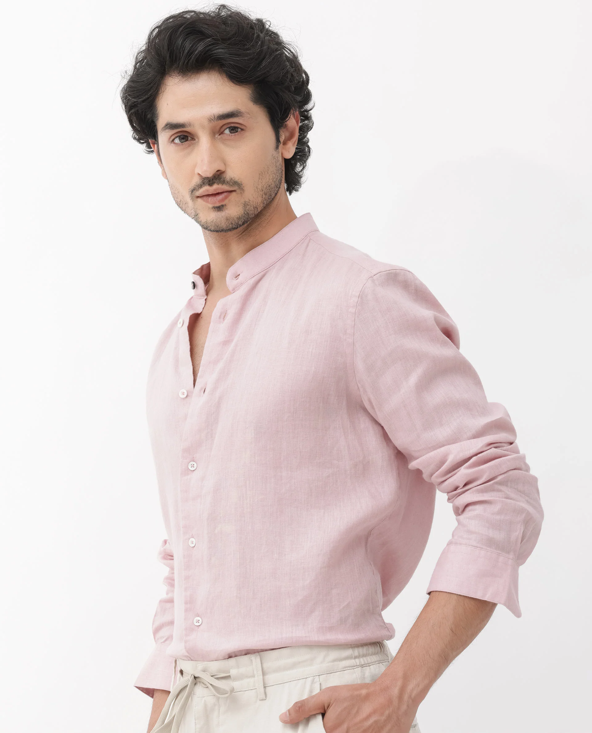 Rare Rabbit Men's Cinex Pastel Pink Linen Blend Plain Regular Fit Full Sleeve Mandarin Collar Shirt - Image 9