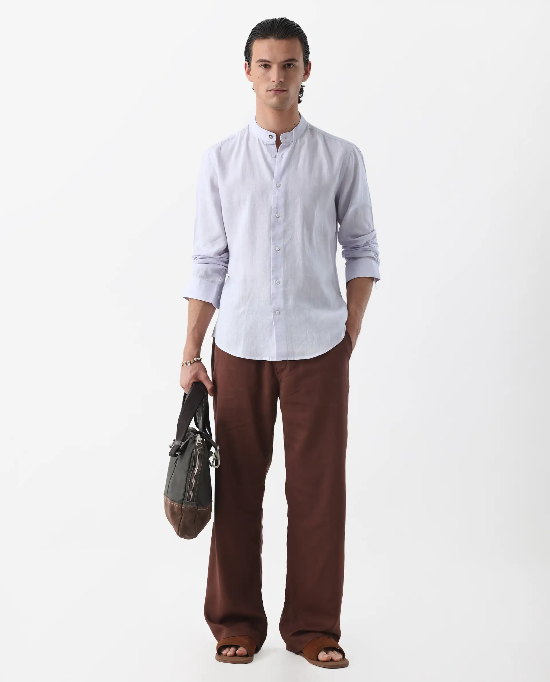 Rare Rabbit Men's Cinex Pastel Purple Linen Blend Plain Regular Fit Full Sleeve Mandarin Collar Shirt - Image 2