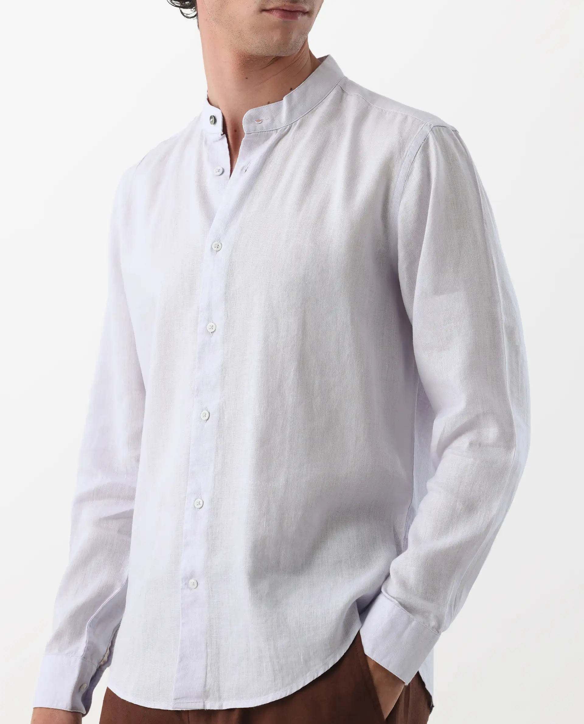 Rare Rabbit Men's Cinex Pastel Purple Linen Blend Plain Regular Fit Full Sleeve Mandarin Collar Shirt - Image 3