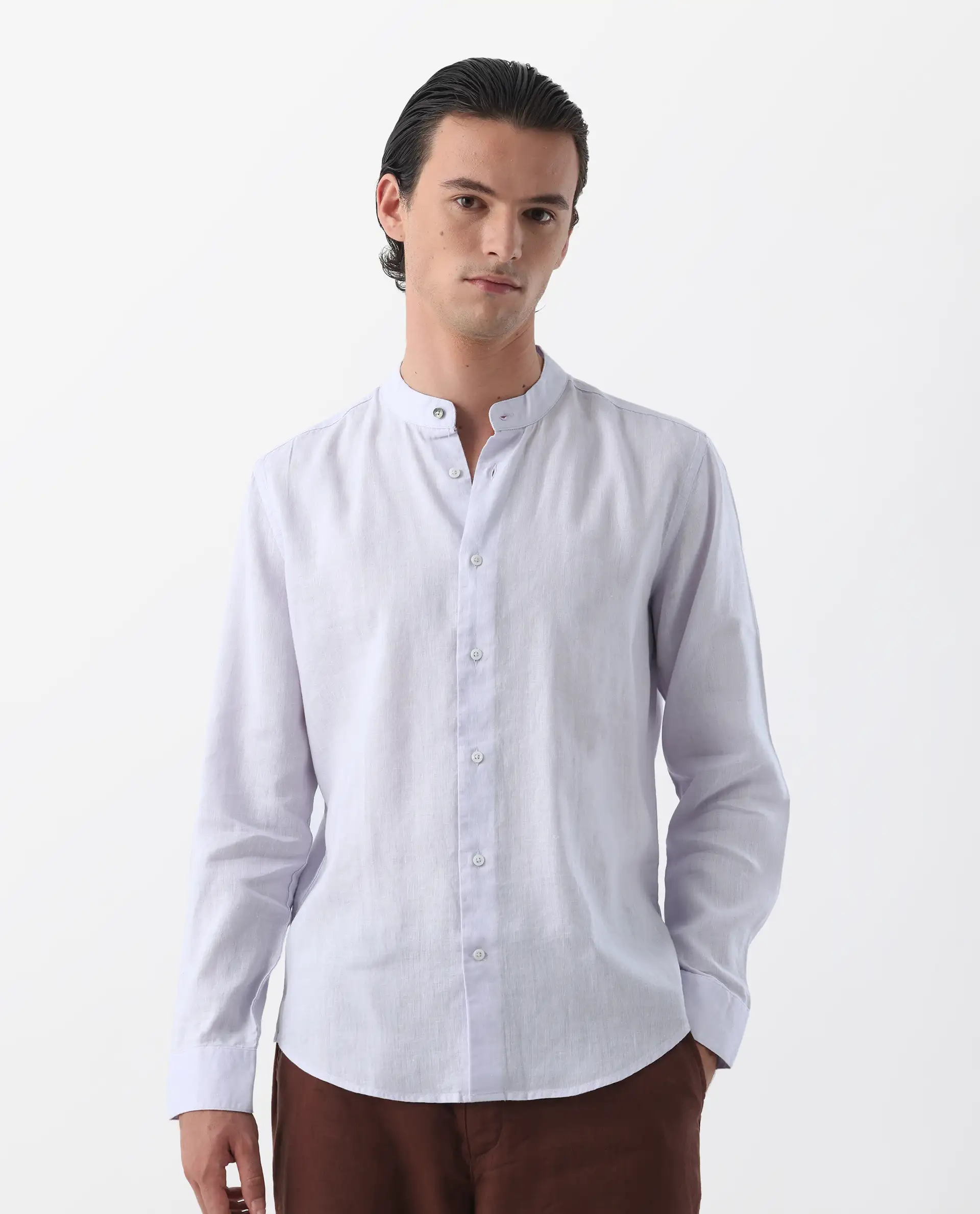 Rare Rabbit Men's Cinex Pastel Purple Linen Blend Plain Regular Fit Full Sleeve Mandarin Collar Shirt - Image 5