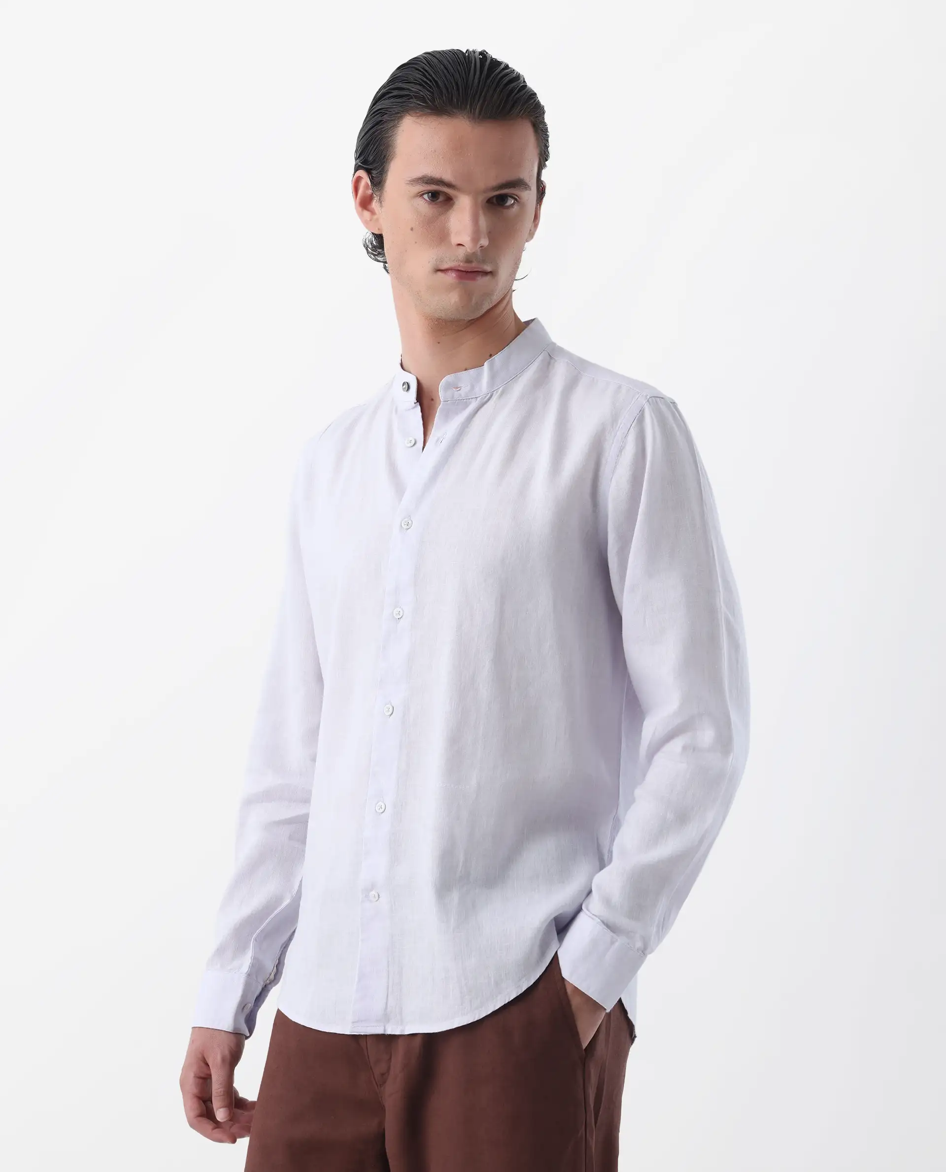 Rare Rabbit Men's Cinex Pastel Purple Linen Blend Plain Regular Fit Full Sleeve Mandarin Collar Shirt - Image 6