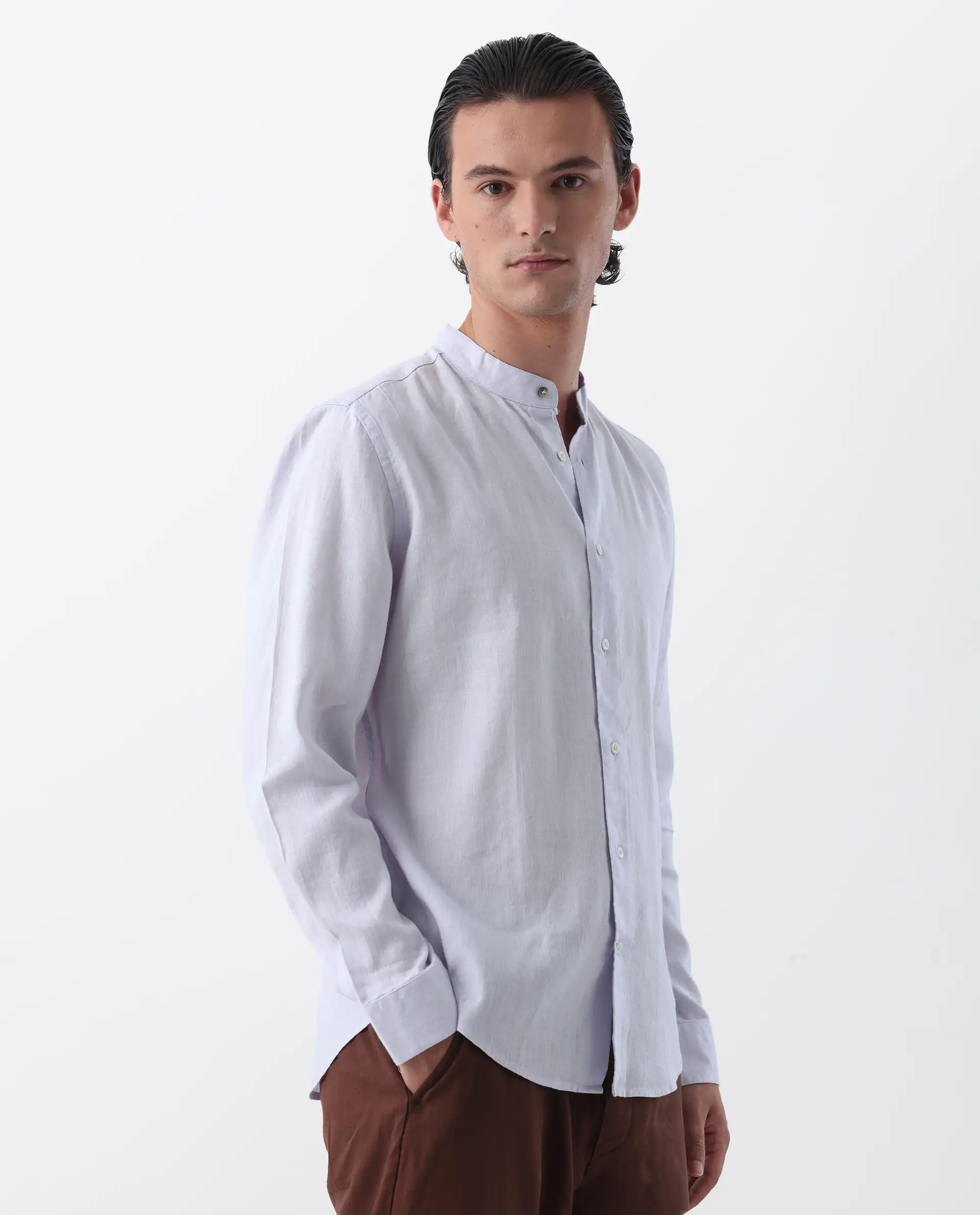 Rare Rabbit Men's Cinex Pastel Purple Linen Blend Plain Regular Fit Full Sleeve Mandarin Collar Shirt - Image 7