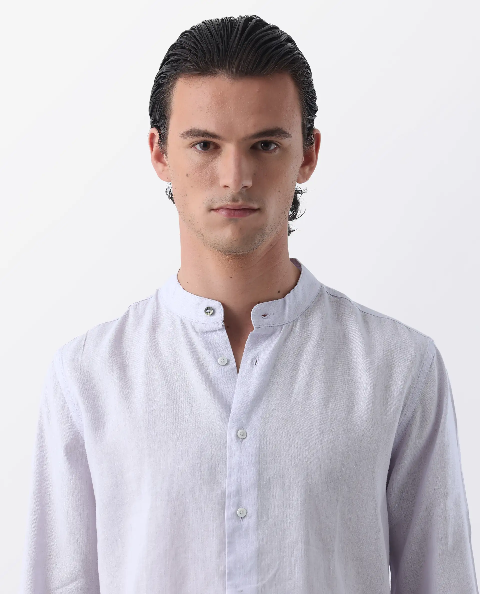 Rare Rabbit Men's Cinex Pastel Purple Linen Blend Plain Regular Fit Full Sleeve Mandarin Collar Shirt - Image 8