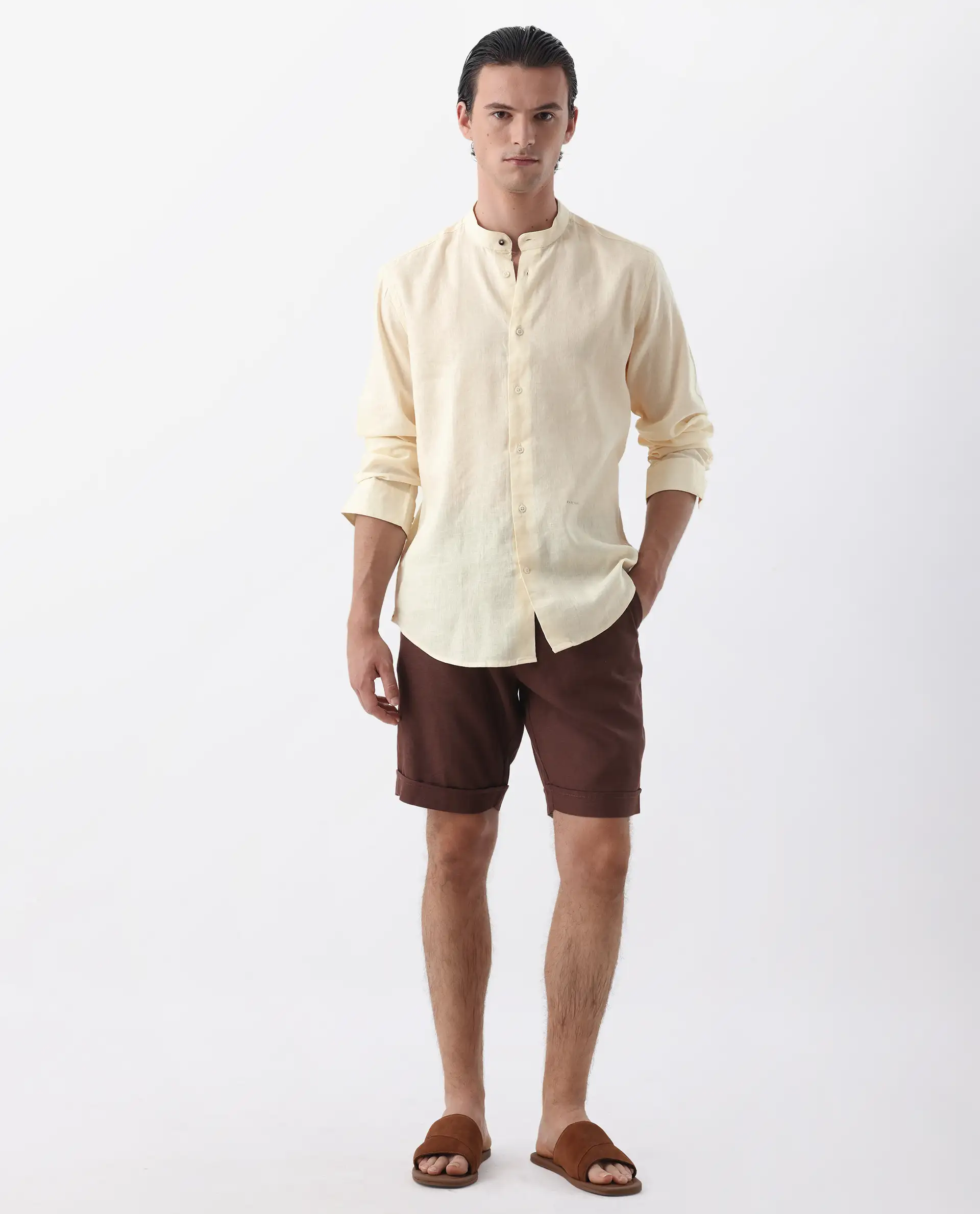 Rare Rabbit Men's Cinex Pastel Yellow Linen Blend Plain Regular Fit Full Sleeve Mandarin Collar Shirt - Image 2