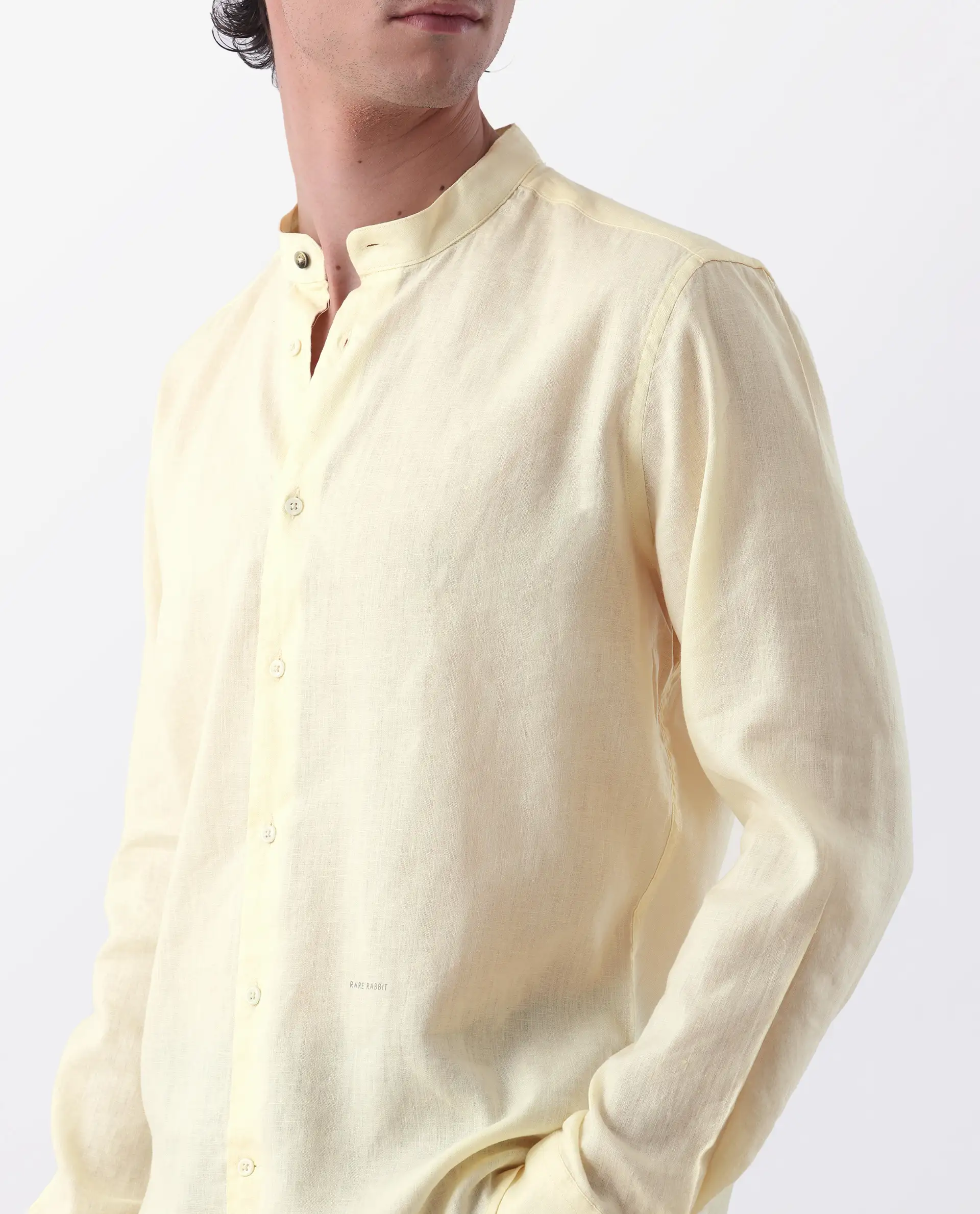 Rare Rabbit Men's Cinex Pastel Yellow Linen Blend Plain Regular Fit Full Sleeve Mandarin Collar Shirt - Image 3
