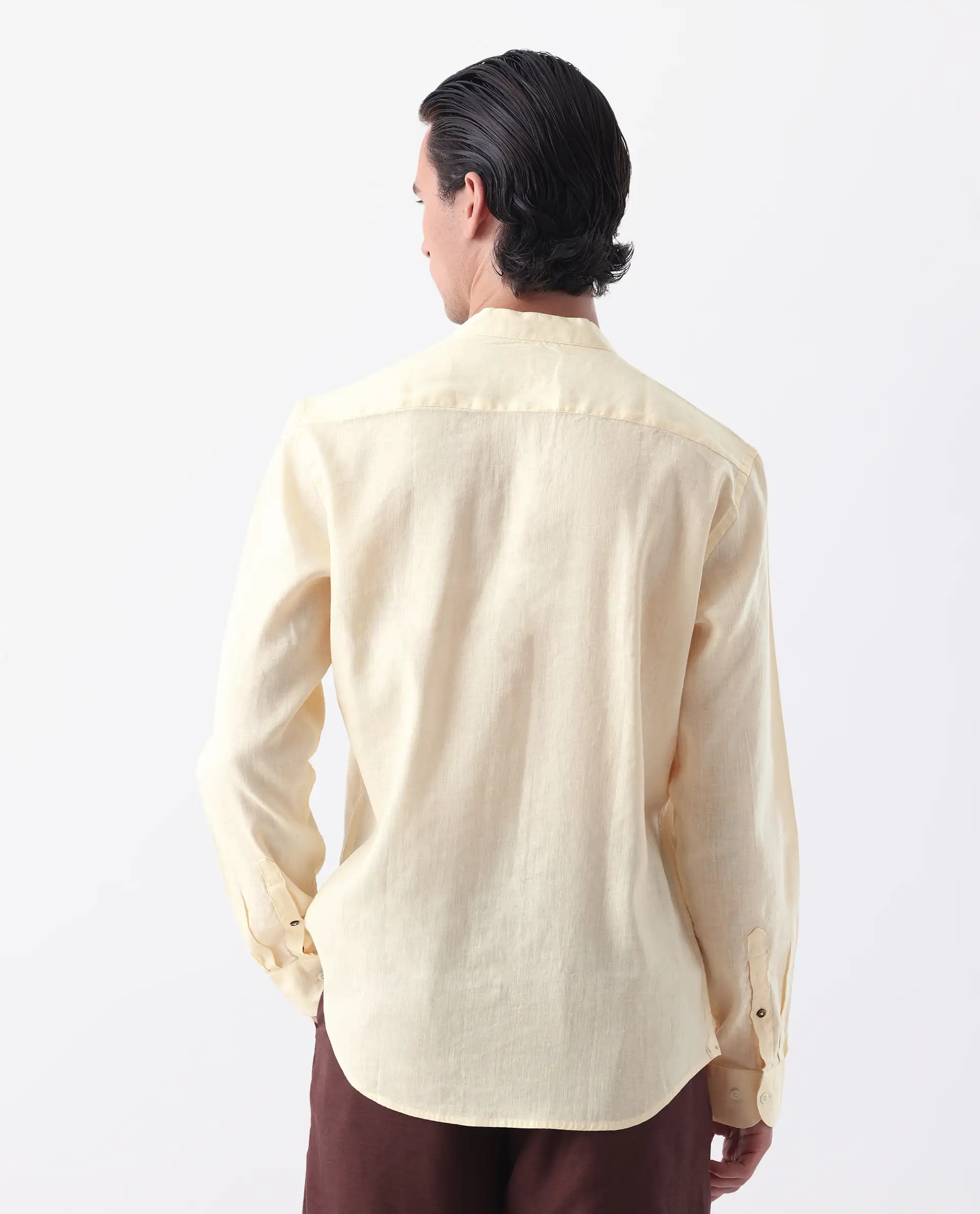 Rare Rabbit Men's Cinex Pastel Yellow Linen Blend Plain Regular Fit Full Sleeve Mandarin Collar Shirt - Image 4