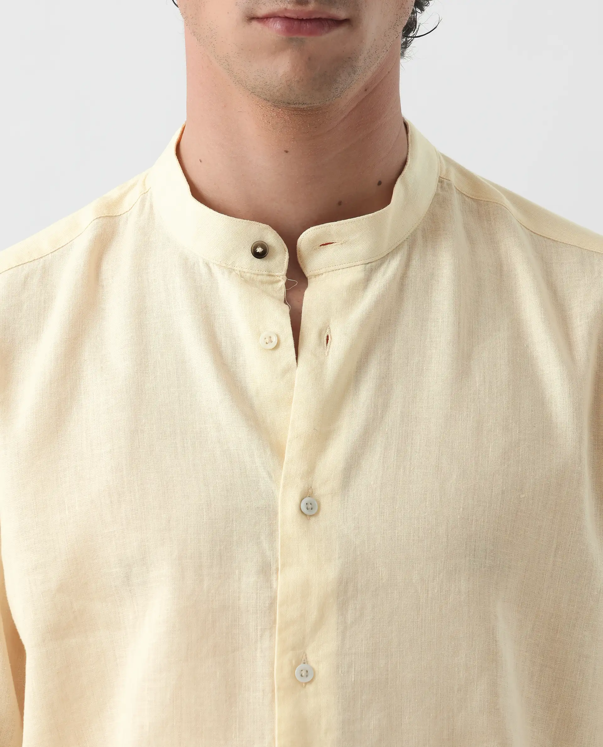Rare Rabbit Men's Cinex Pastel Yellow Linen Blend Plain Regular Fit Full Sleeve Mandarin Collar Shirt - Image 5