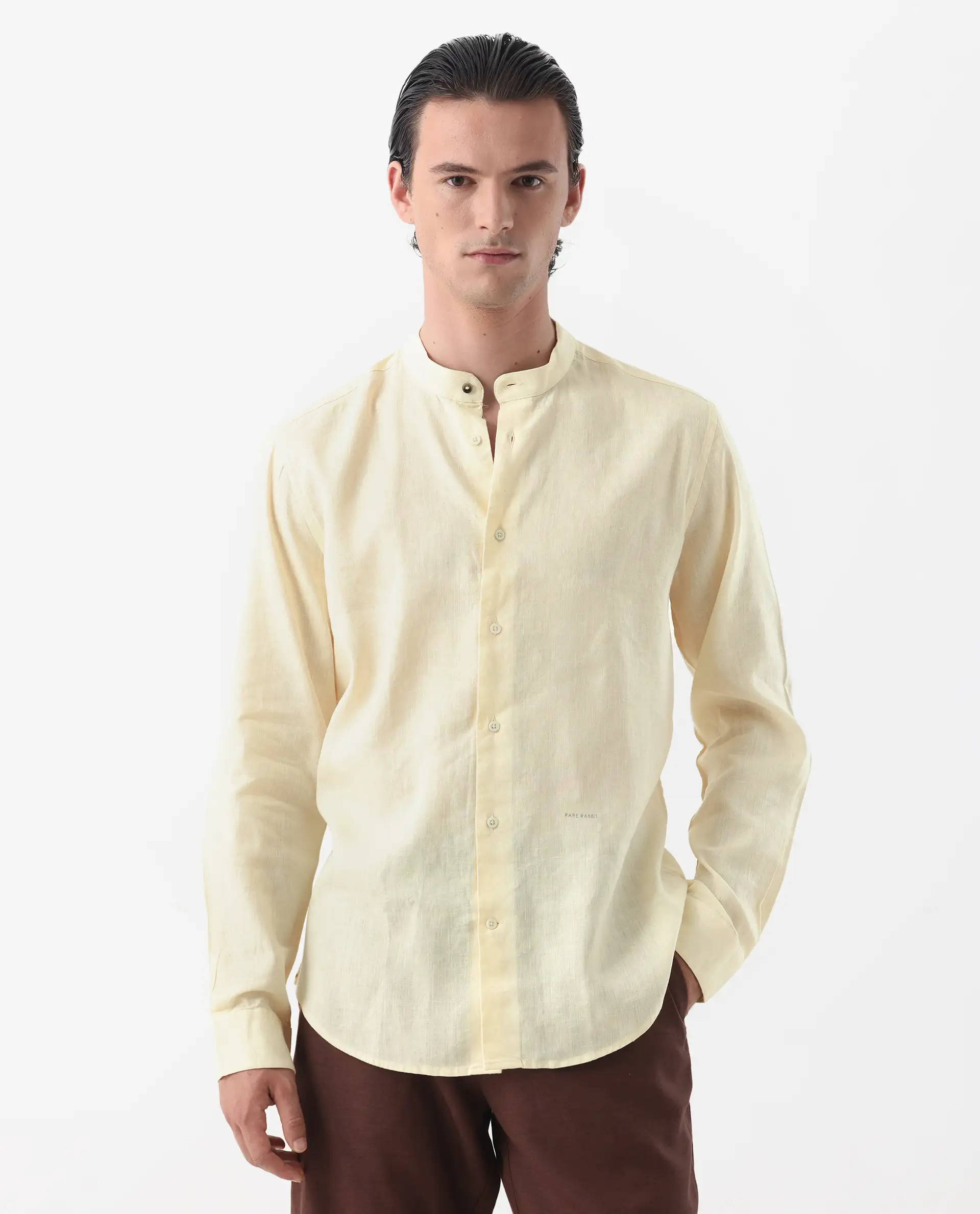 Rare Rabbit Men's Cinex Pastel Yellow Linen Blend Plain Regular Fit Full Sleeve Mandarin Collar Shirt - Image 6