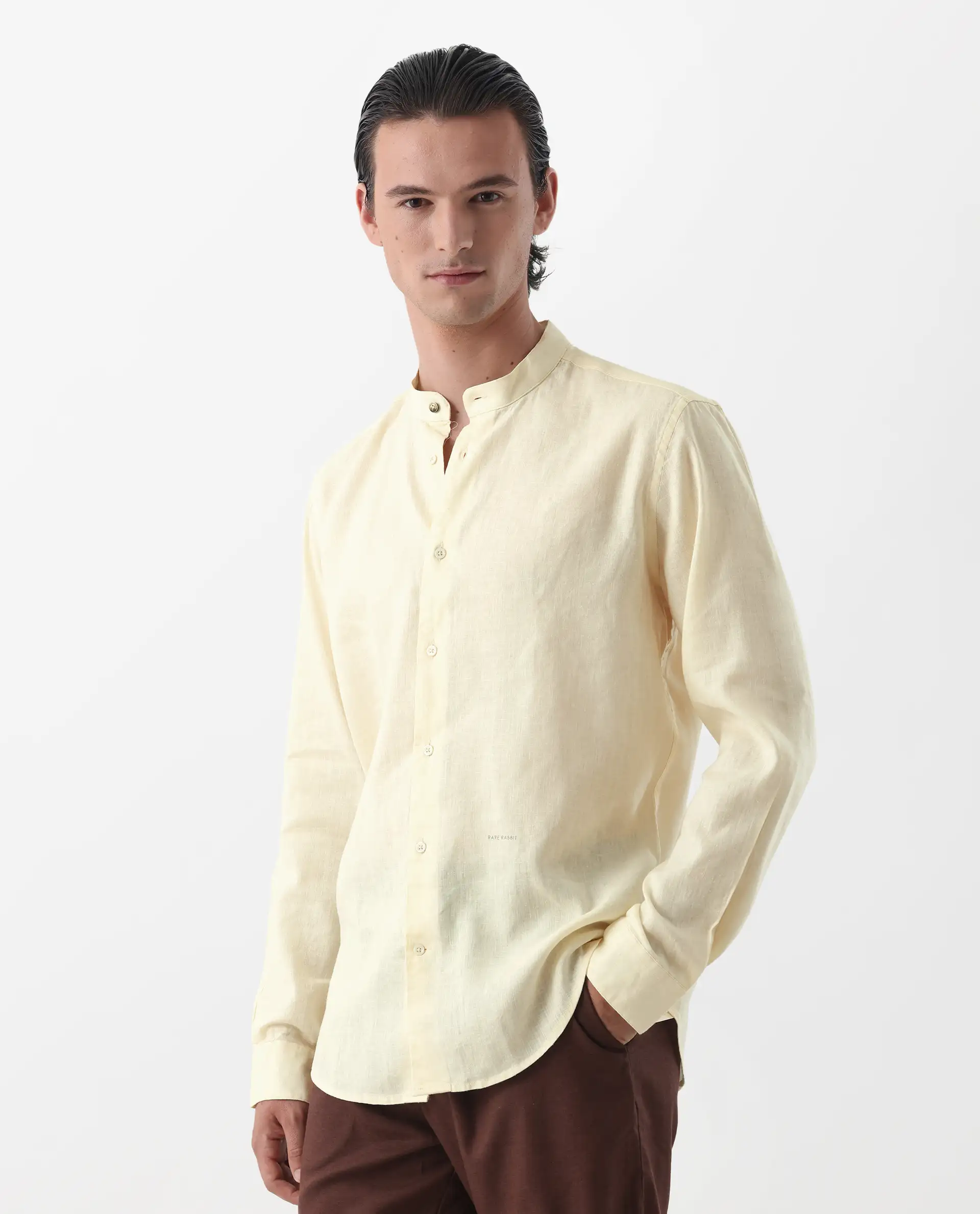 Rare Rabbit Men's Cinex Pastel Yellow Linen Blend Plain Regular Fit Full Sleeve Mandarin Collar Shirt - Image 7