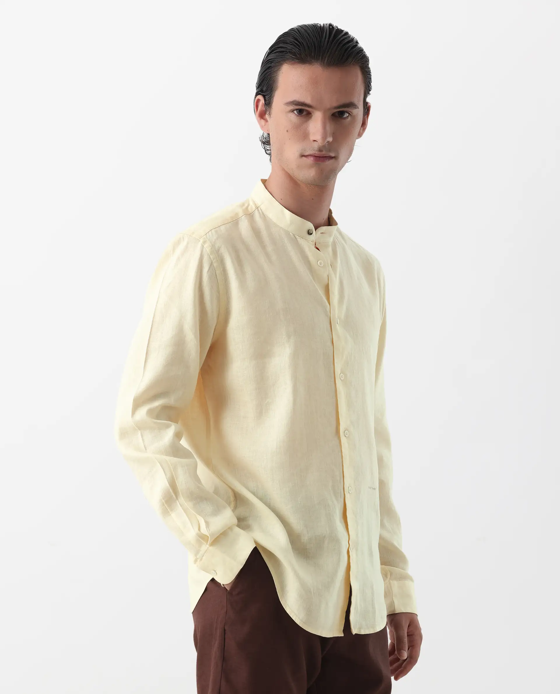 Rare Rabbit Men's Cinex Pastel Yellow Linen Blend Plain Regular Fit Full Sleeve Mandarin Collar Shirt - Image 8