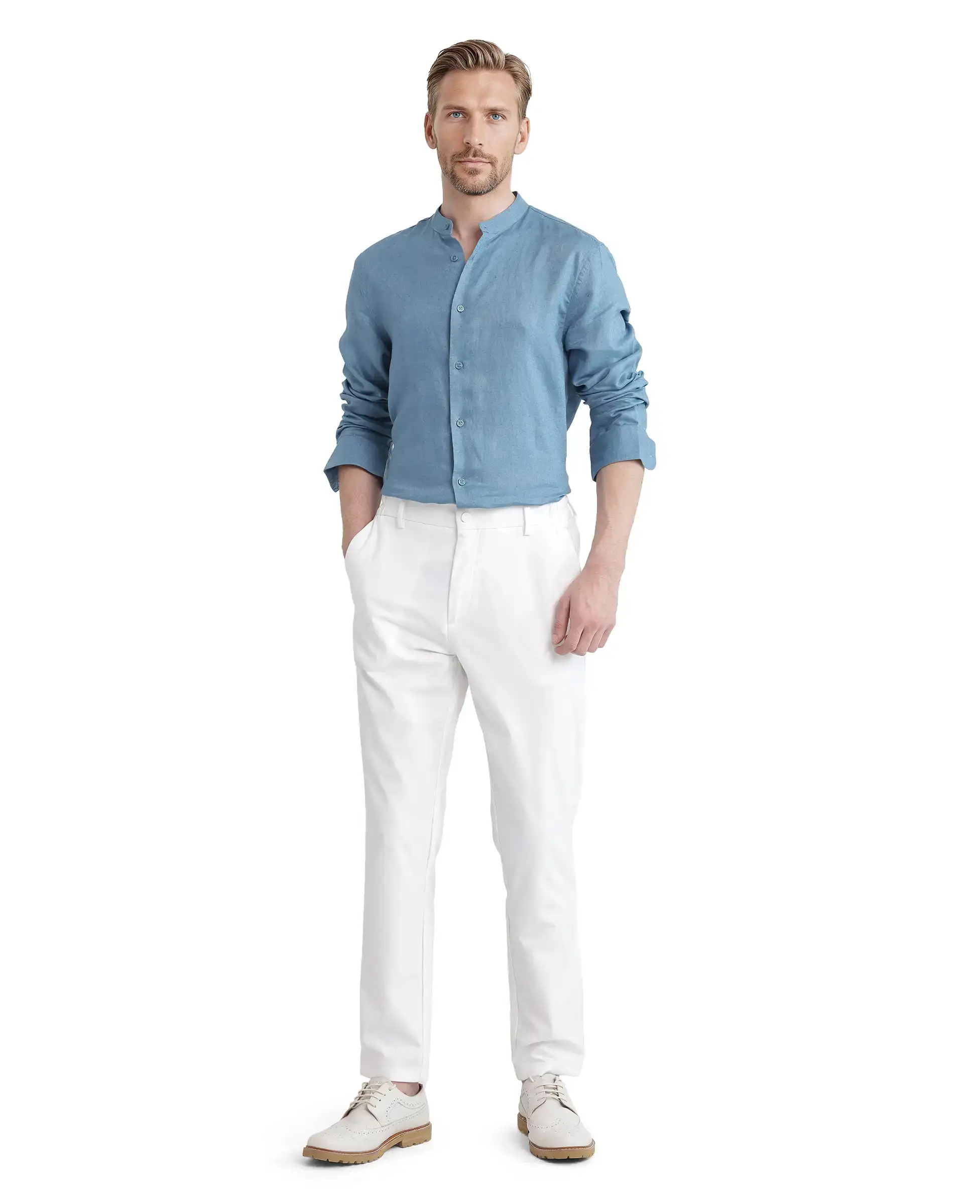 Rare Rabbit Men's Cinex Ls-25 Blue Linen Blend Plain Regular Fit Full Sleeve Mandarin Collar Shirt - Image 2