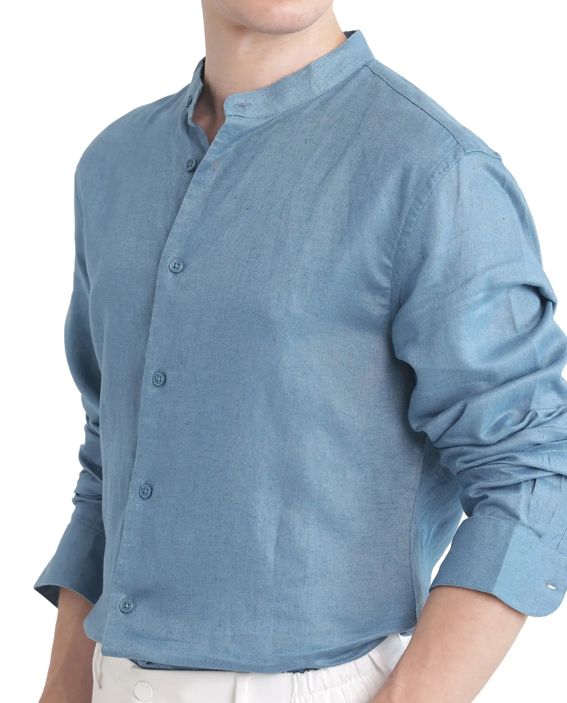 Rare Rabbit Men's Cinex Ls-25 Blue Linen Blend Plain Regular Fit Full Sleeve Mandarin Collar Shirt - Image 3