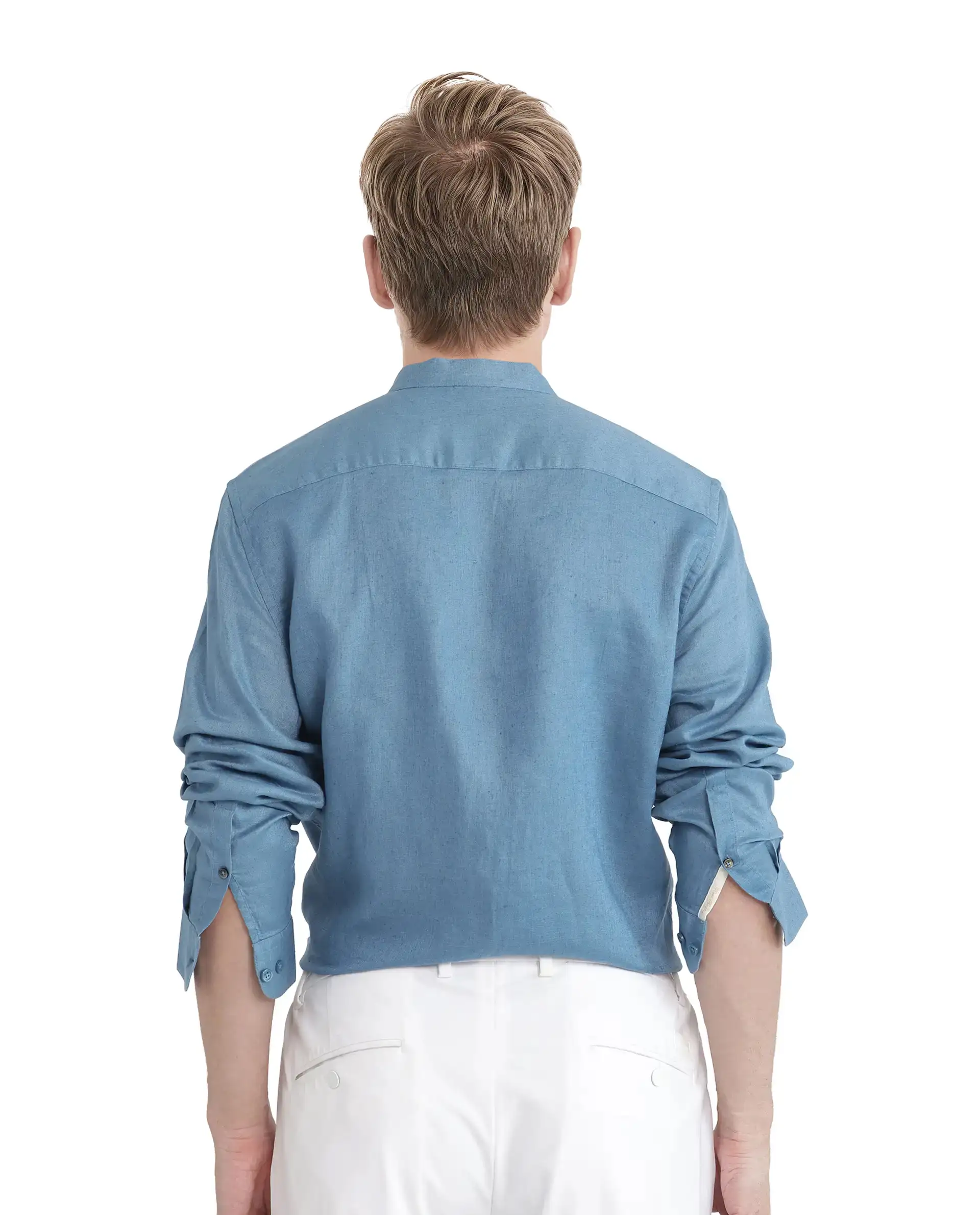 Rare Rabbit Men's Cinex Ls-25 Blue Linen Blend Plain Regular Fit Full Sleeve Mandarin Collar Shirt - Image 4