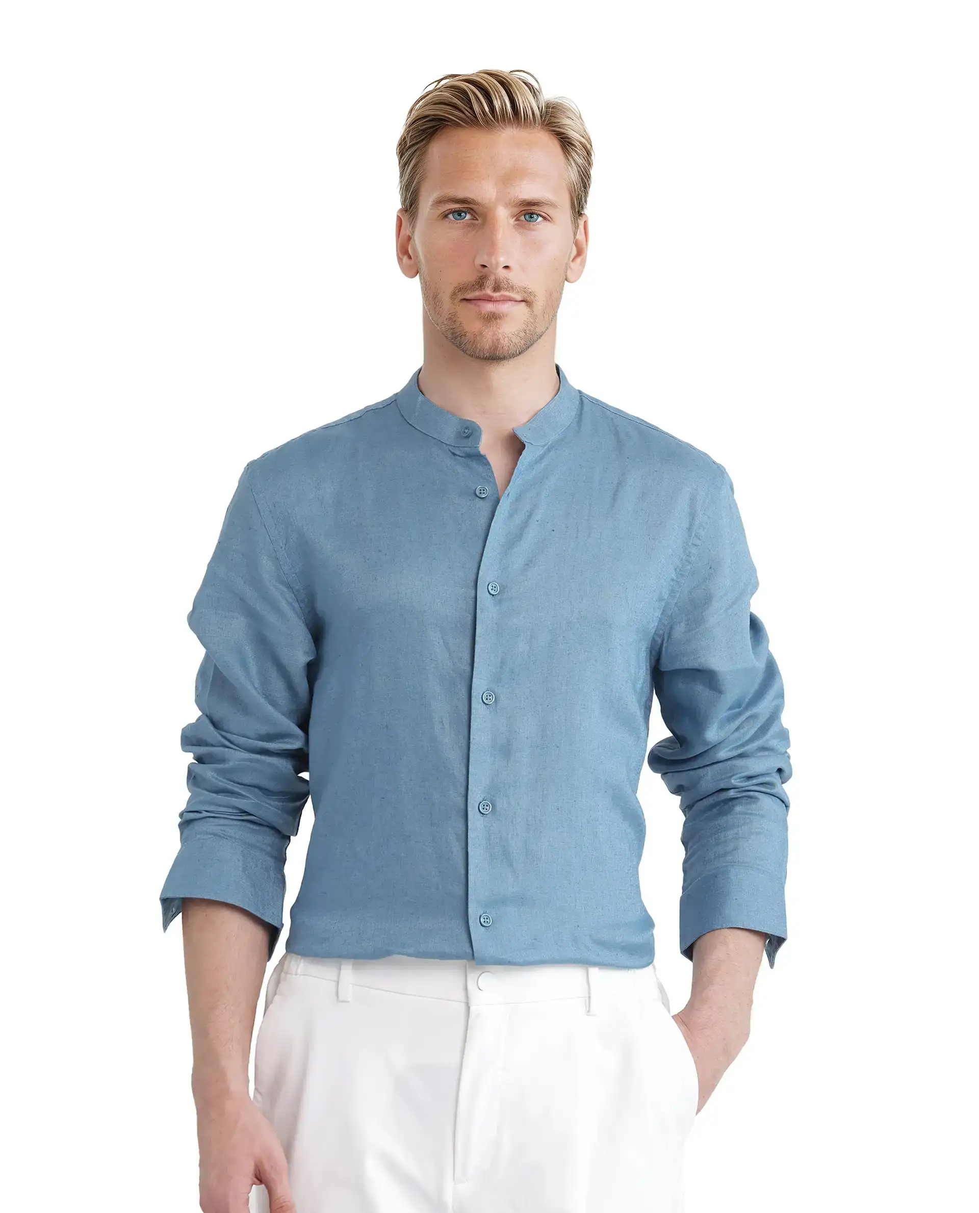 Rare Rabbit Men's Cinex Ls-25 Blue Linen Blend Plain Regular Fit Full Sleeve Mandarin Collar Shirt - Image 6