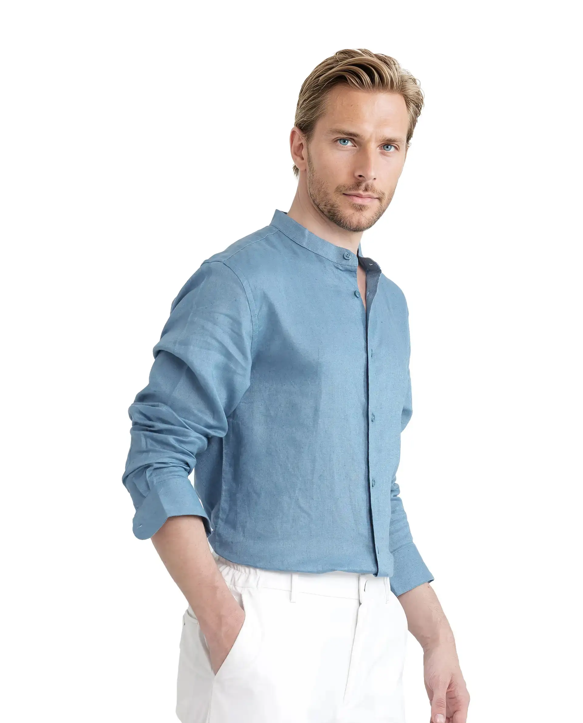 Rare Rabbit Men's Cinex Ls-25 Blue Linen Blend Plain Regular Fit Full Sleeve Mandarin Collar Shirt - Image 7