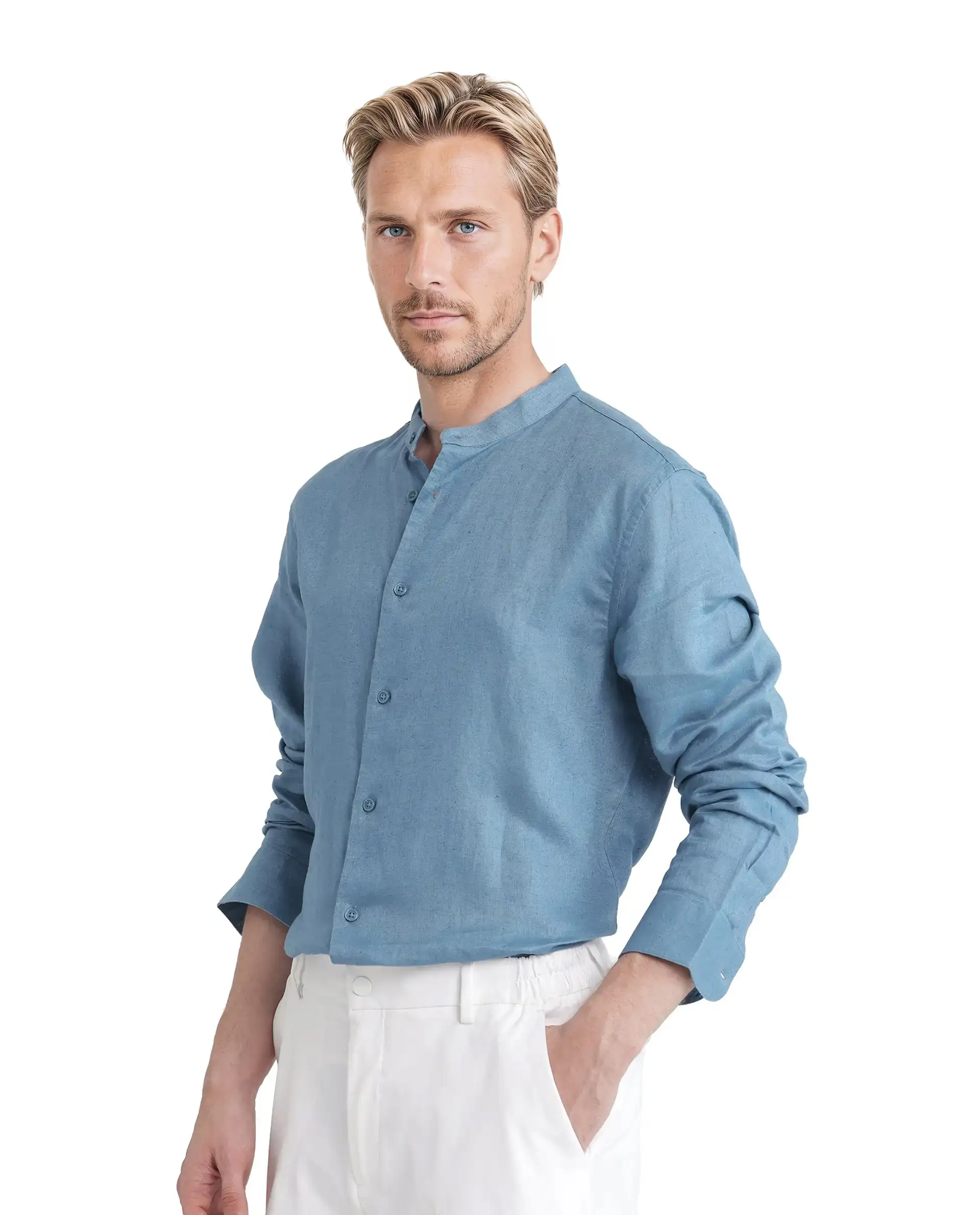 Rare Rabbit Men's Cinex Ls-25 Blue Linen Blend Plain Regular Fit Full Sleeve Mandarin Collar Shirt - Image 8