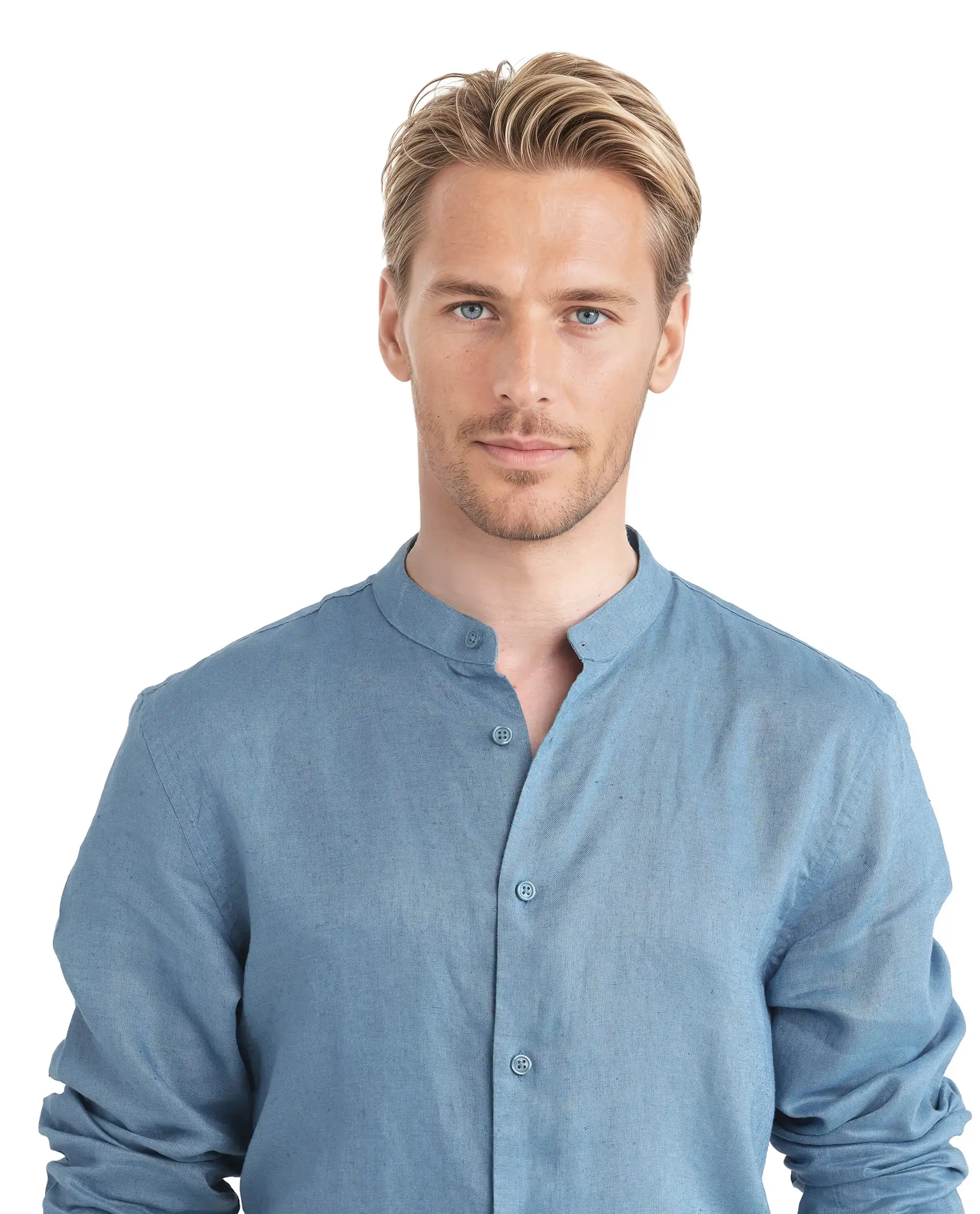 Rare Rabbit Men's Cinex Ls-25 Blue Linen Blend Plain Regular Fit Full Sleeve Mandarin Collar Shirt - Image 9