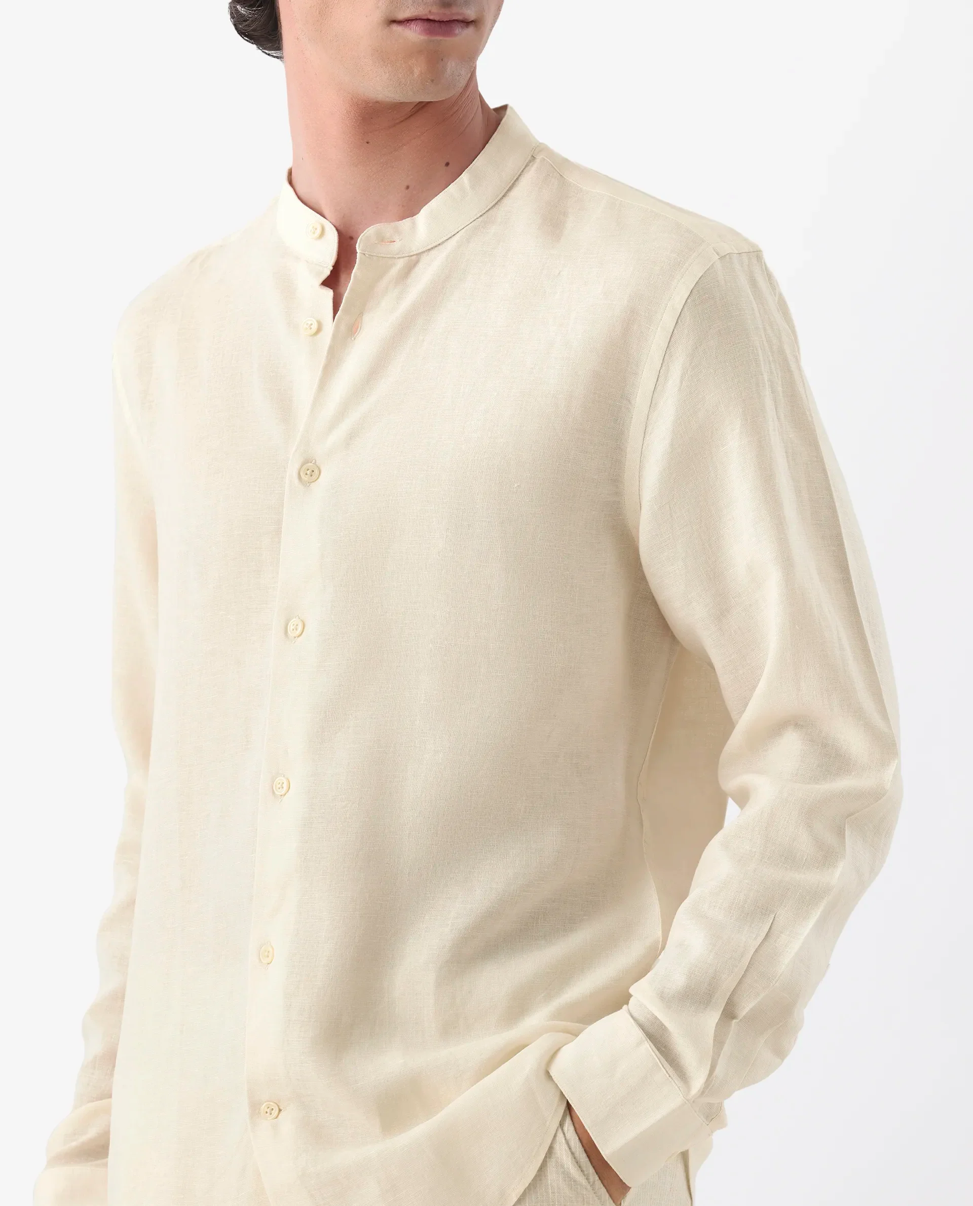 Rare Rabbit Men's Cinex Ls-25 Off White Linen Blend Plain Regular Fit Full Sleeve Mandarin Collar Shirt - Image 3