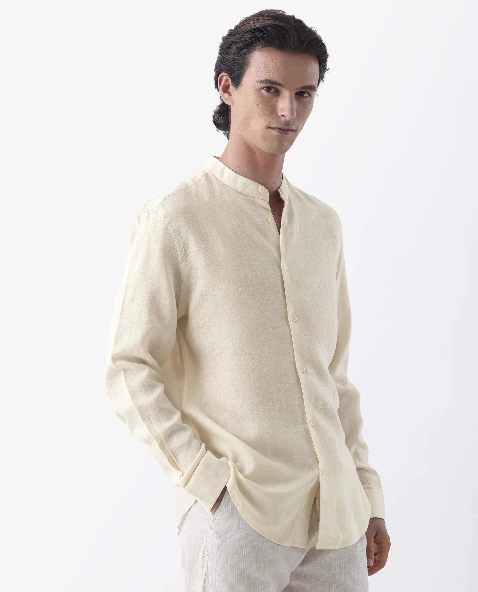 Rare Rabbit Men's Cinex Ls-25 Off White Linen Blend Plain Regular Fit Full Sleeve Mandarin Collar Shirt - Image 5