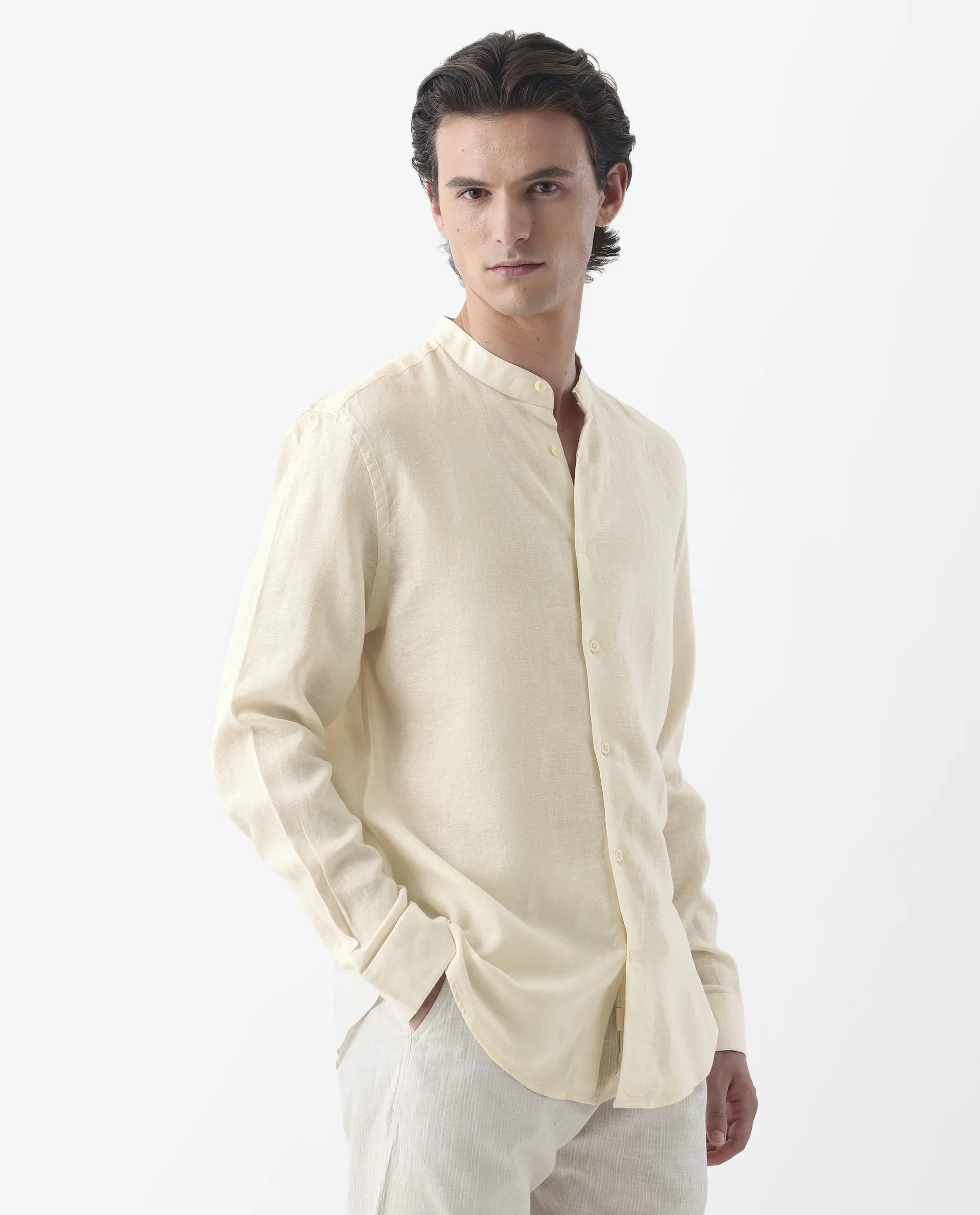 Rare Rabbit Men's Cinex Ls-25 Off White Linen Blend Plain Regular Fit Full Sleeve Mandarin Collar Shirt - Image 6
