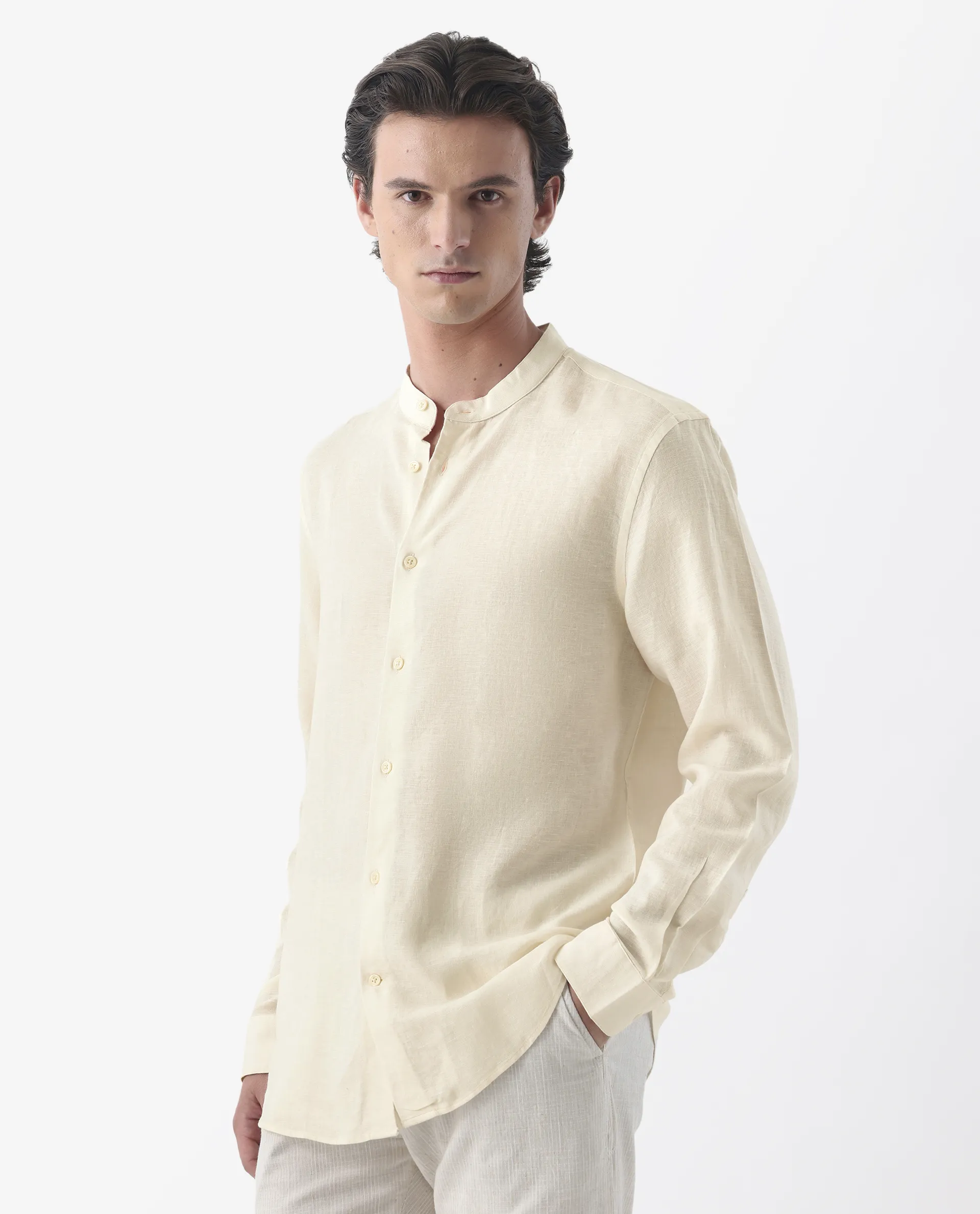 Rare Rabbit Men's Cinex Ls-25 Off White Linen Blend Plain Regular Fit Full Sleeve Mandarin Collar Shirt - Image 7
