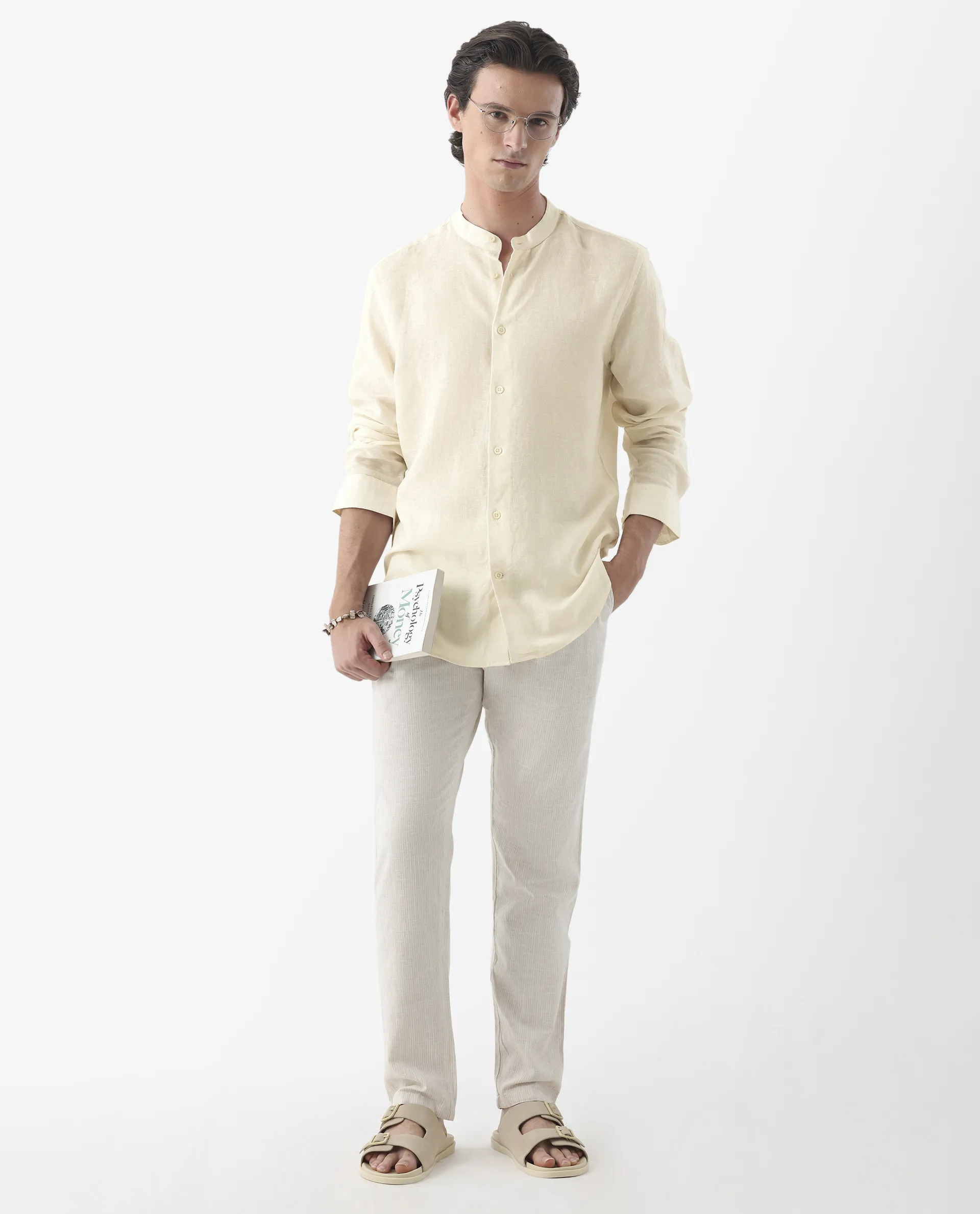 Rare Rabbit Men's Cinex Ls-25 Off White Linen Blend Plain Regular Fit Full Sleeve Mandarin Collar Shirt - Image 8