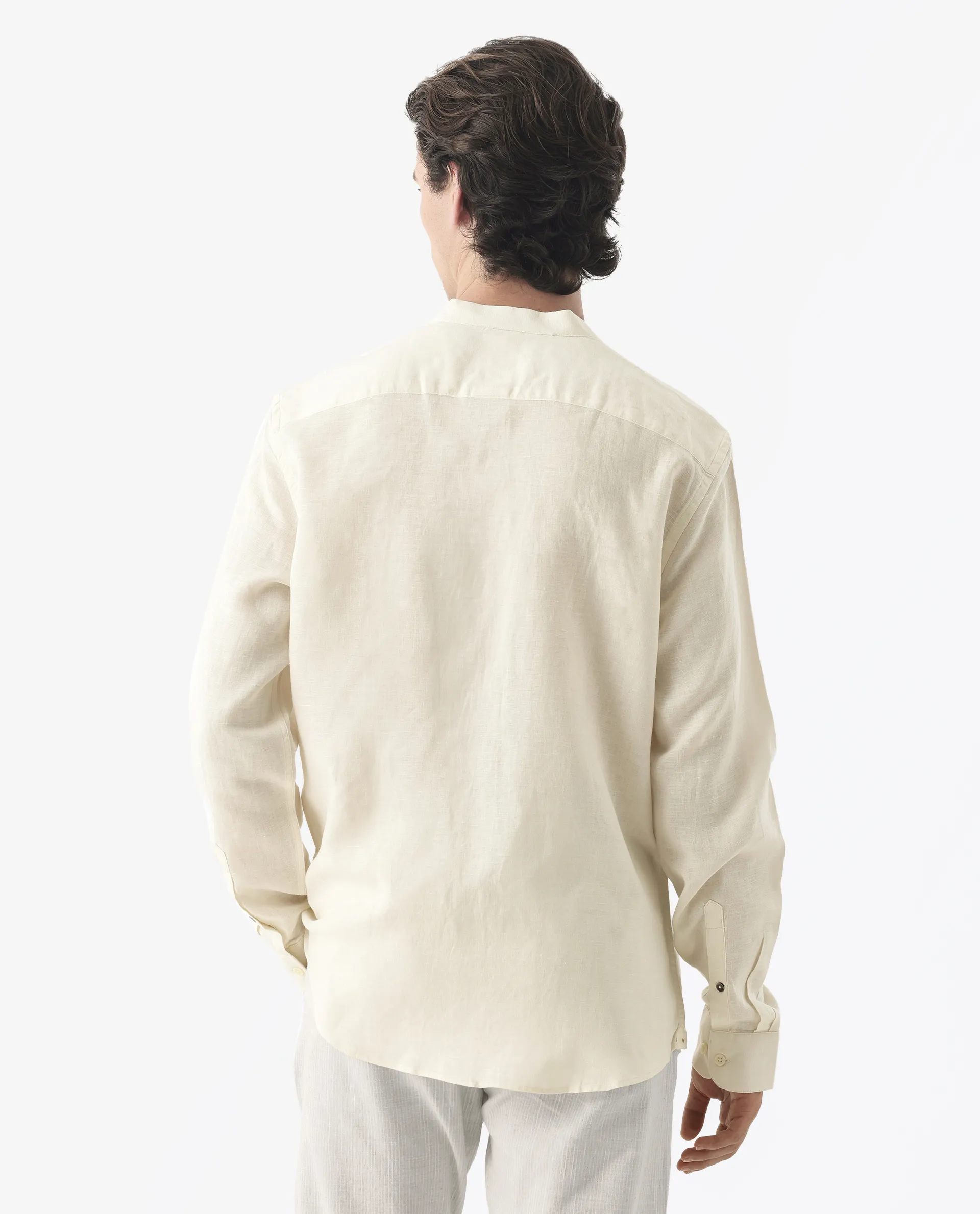Rare Rabbit Men's Cinex Ls-25 Off White Linen Blend Plain Regular Fit Full Sleeve Mandarin Collar Shirt - Image 9