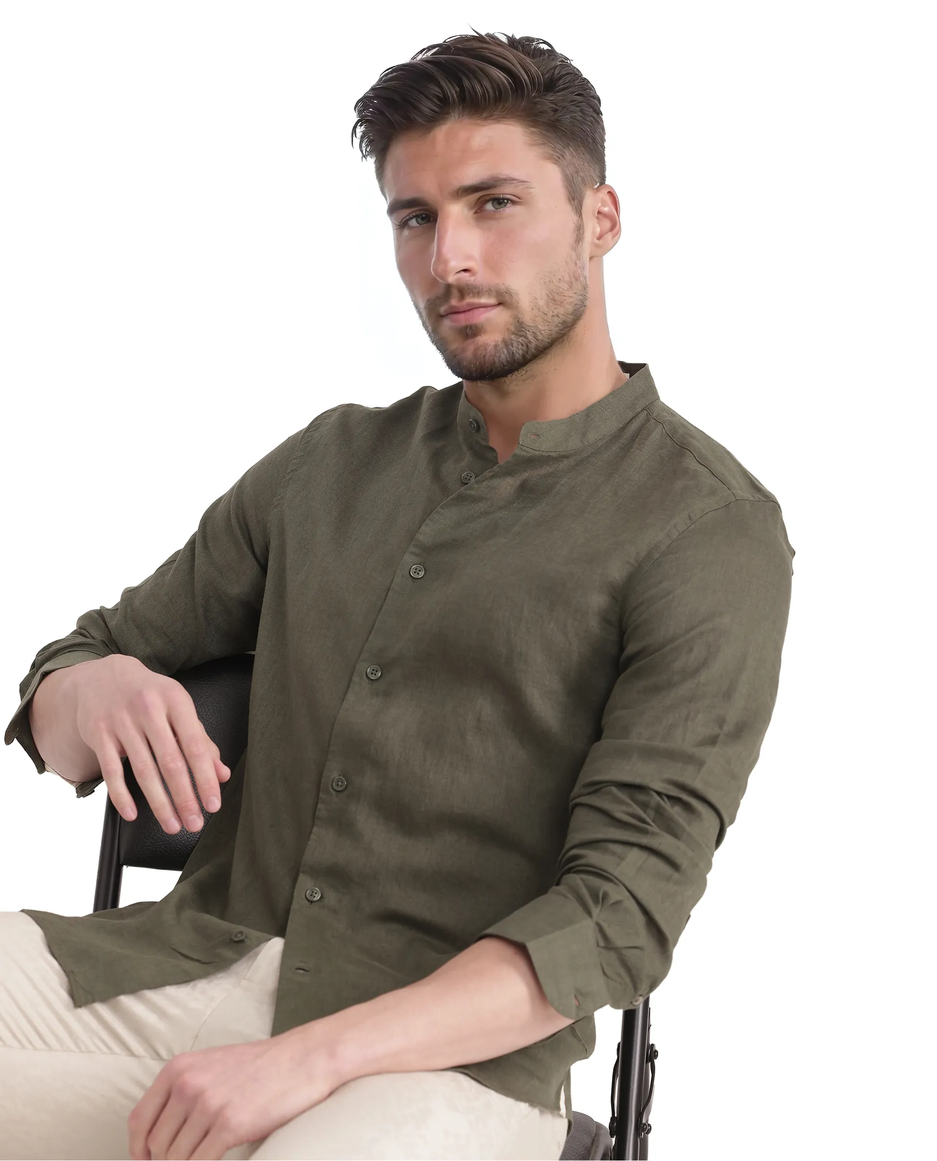 Rare Rabbit Men's Cinex Ls-25 Olive Linen Blend Plain Regular Fit Full Sleeve Mandarin Collar Shirt